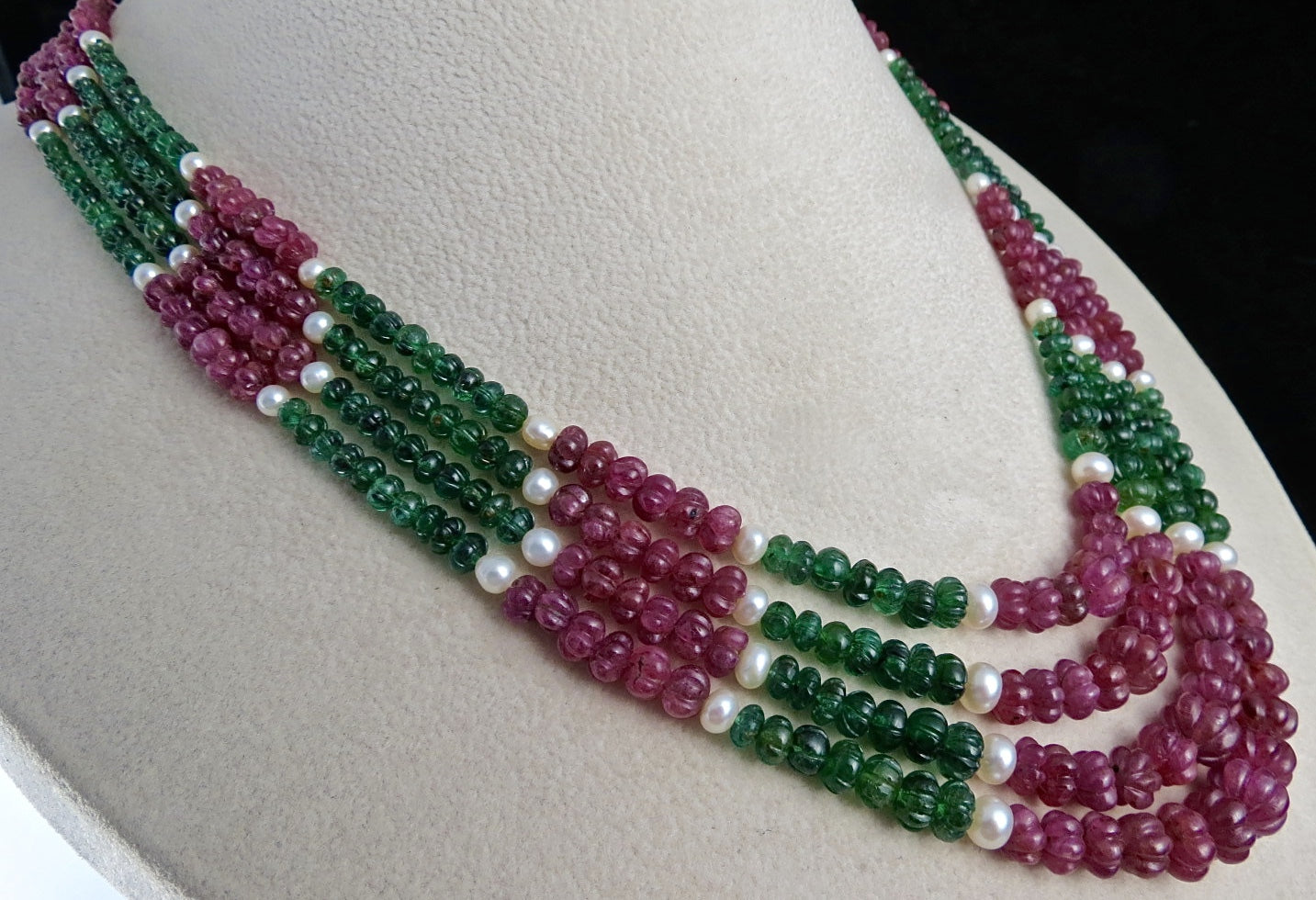 Certified Natural Ruby 368 Ct Emerald Melon Carved Pearl Antique Necklace