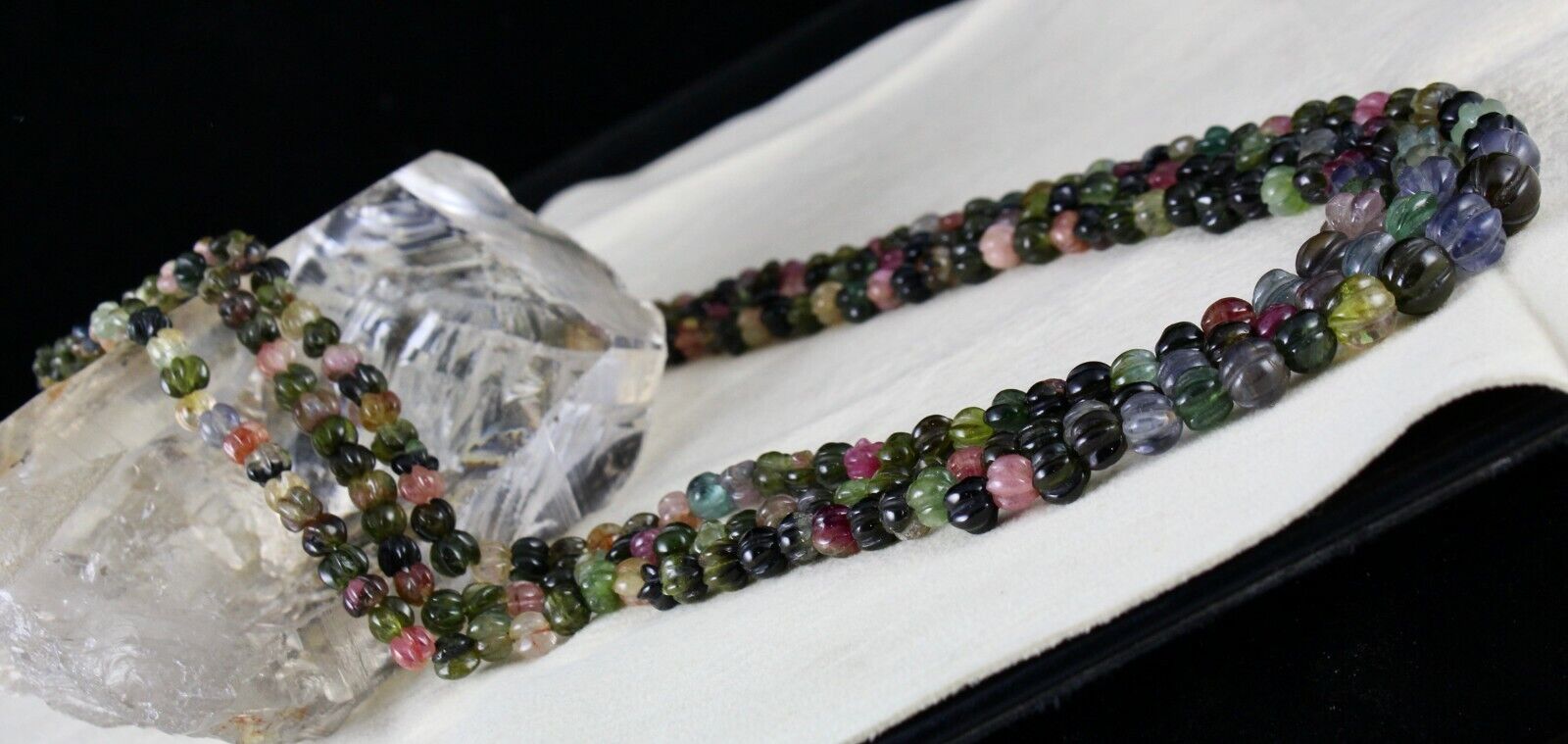 NATURAL MULTI TOURMALINE BEADS CARVED MELON 3 LINE 390 CARATS GEMSTONE NECKLACE