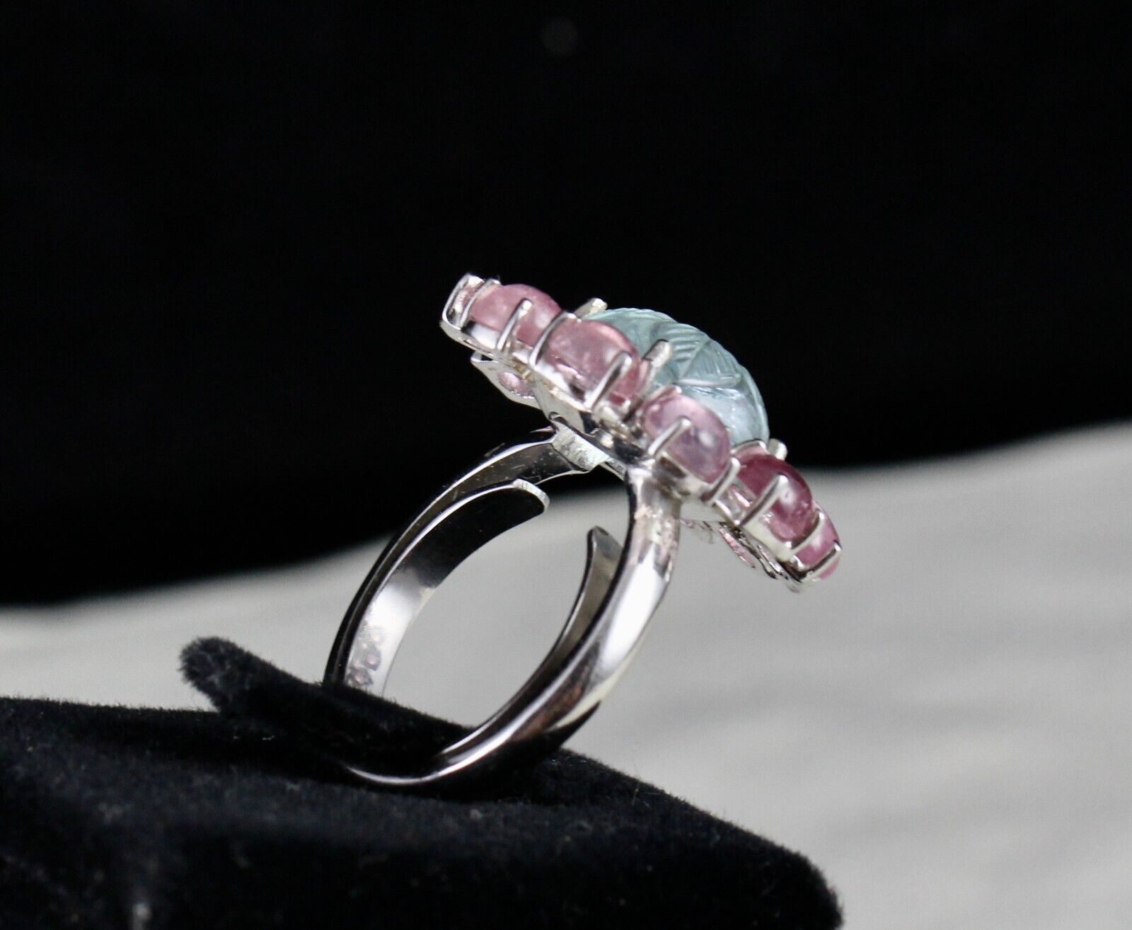 Antique Natural Aquamarine Carved Pink Tourmaline Gemstone Silver Victorian Ring