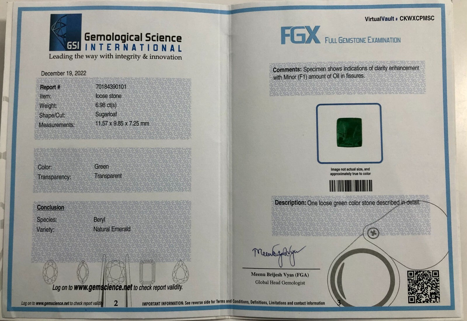 Certified Gsi Natural Zambia Emerald 6.98ct Sterling Silver Ring Pendant