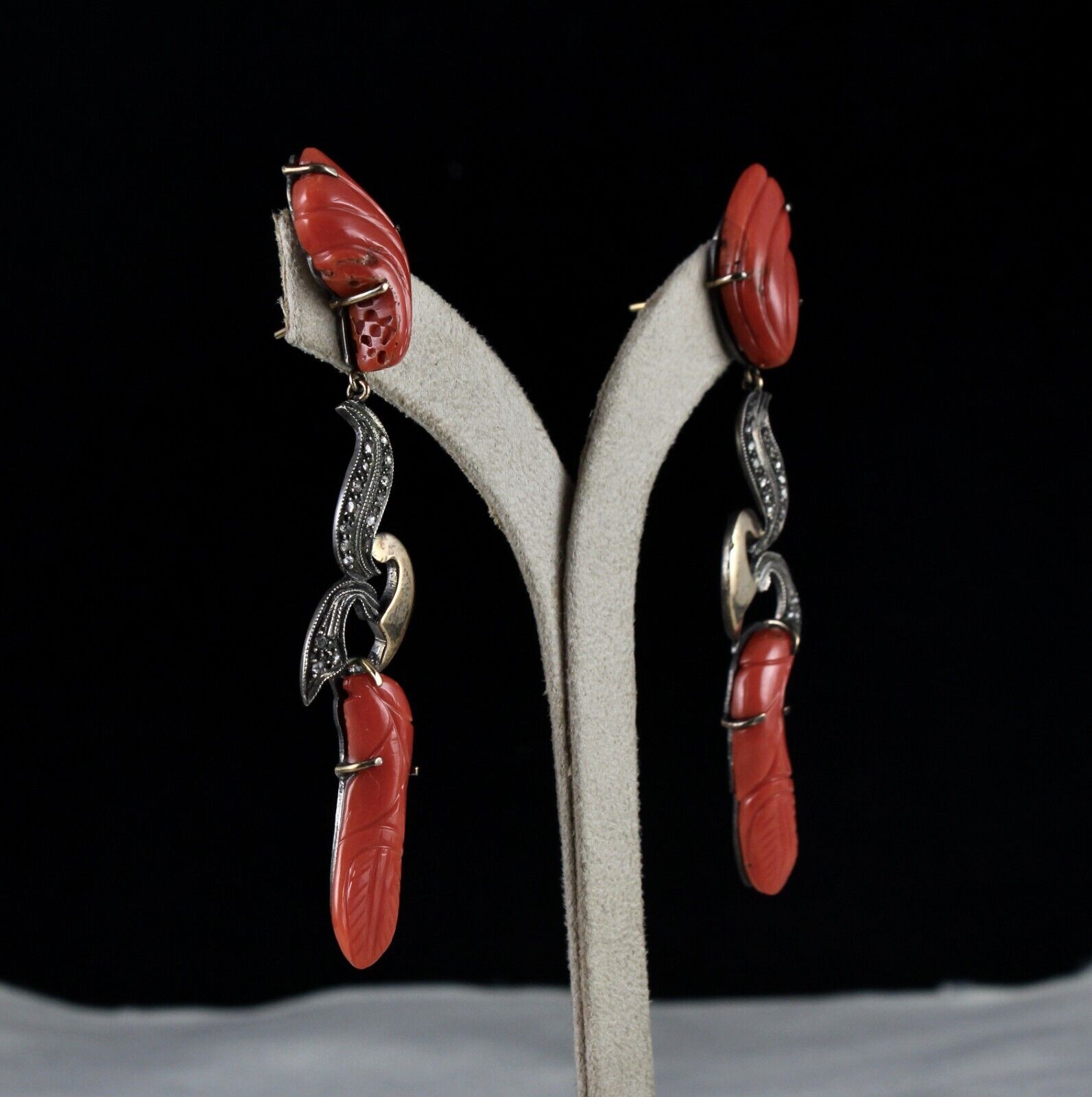 ESTATE NATURAL RED CORAL CARVED DIAMOND 18K GOLD  925 SILVER VICTORIAN EARRING