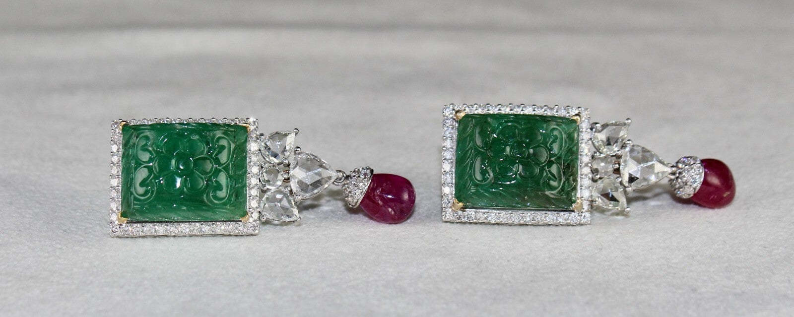 Certified 18k Gold Natural Zambia Emerald 119.2ct Ruby Diamond Earrings