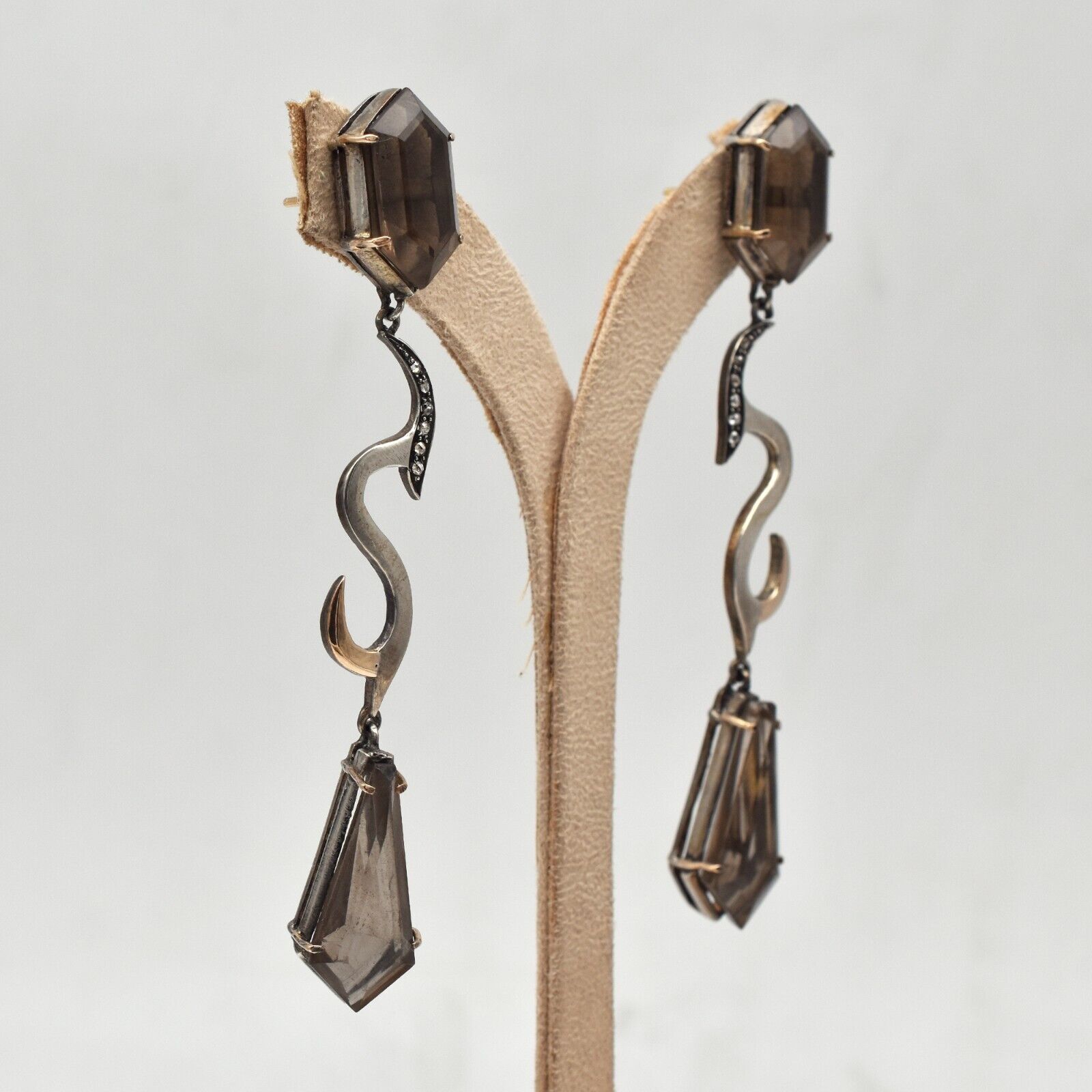 Natural Smoky Quartz Black Gemstone Diamond 18K Gold Victorian Silver Earring