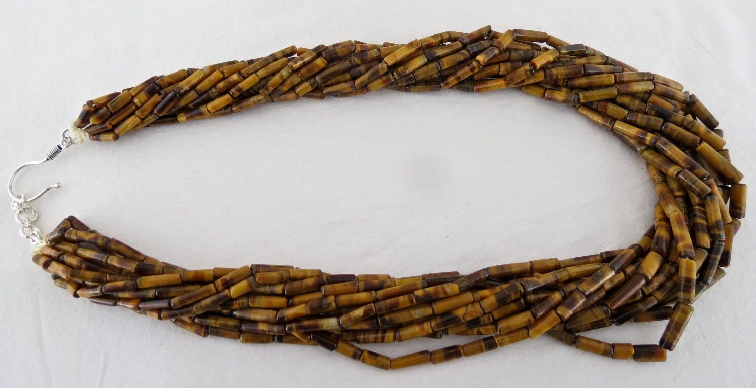 22" NATURAL TIGER'S EYE TUBE SHAPED BEADS 12 LINE 918 CARATS GEMSTONE NECKLACE