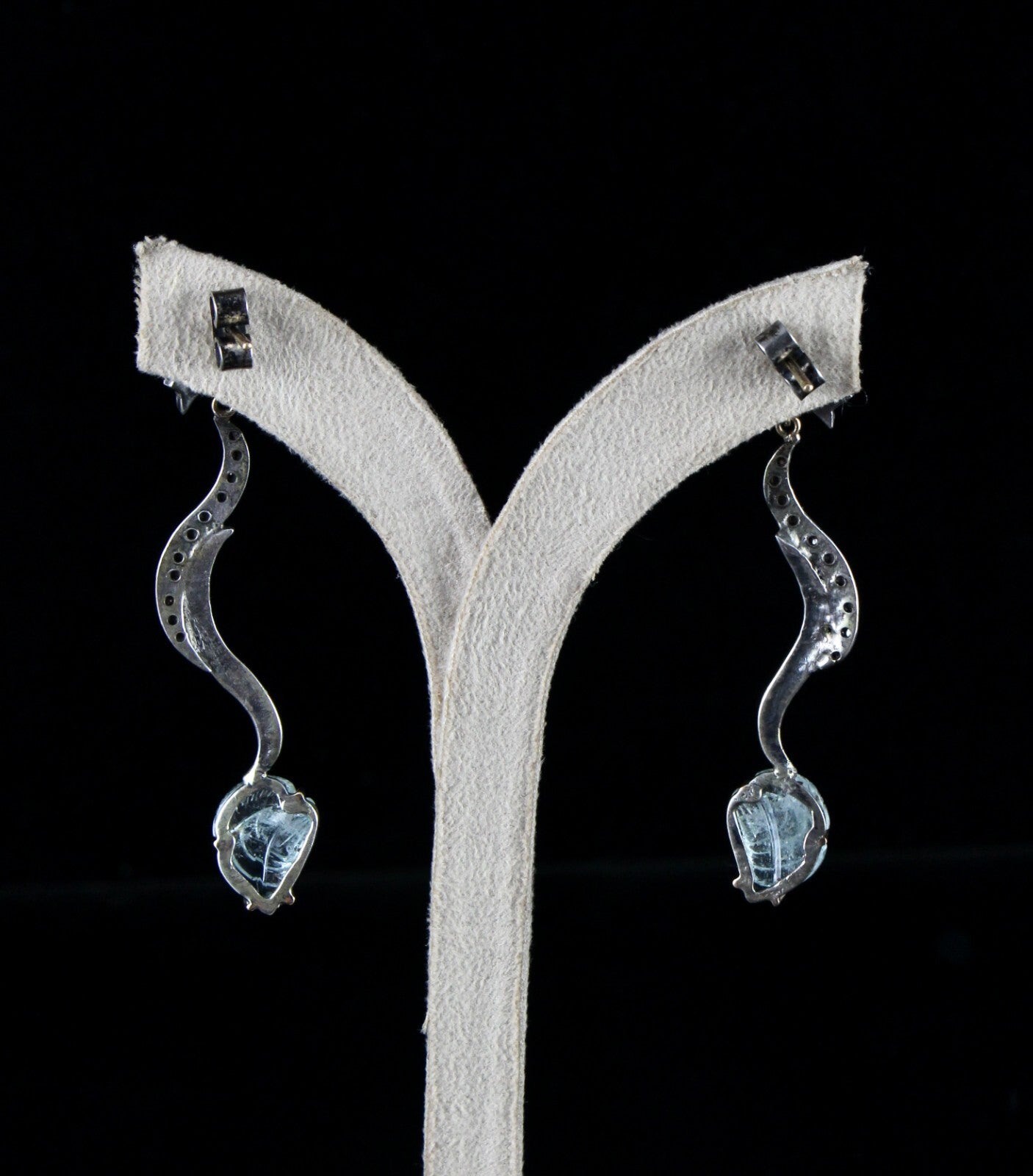 Natural Blue Aquamarine 10ct Carved Natural Diamond 18k Gold 925 Silver Earrings