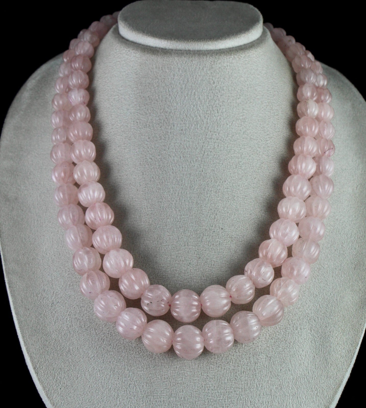 Certified Natural Rose Quartz 1436ct Carved Beads Sterling Silver Necklace