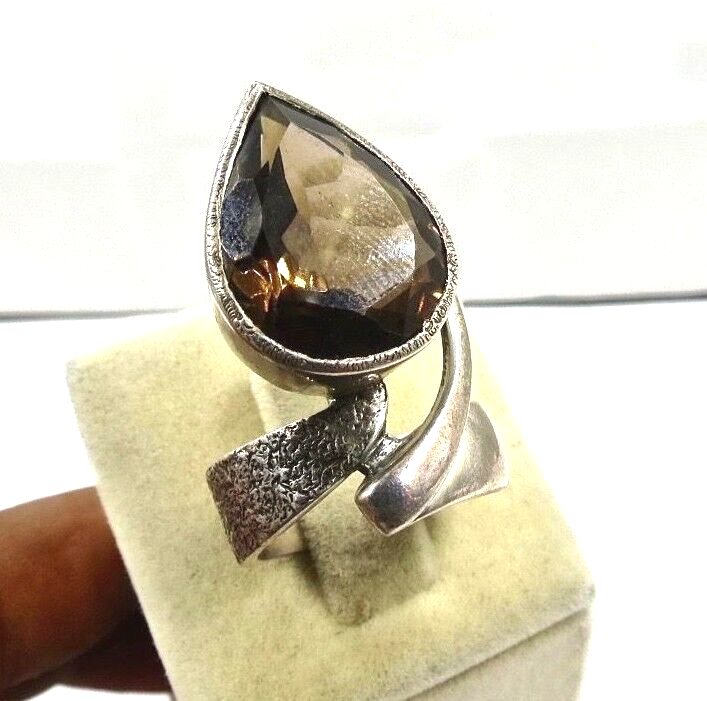 Natural Smokey Quartz 10ct Pear Cut Sterling Silver Antique Handmade Ring