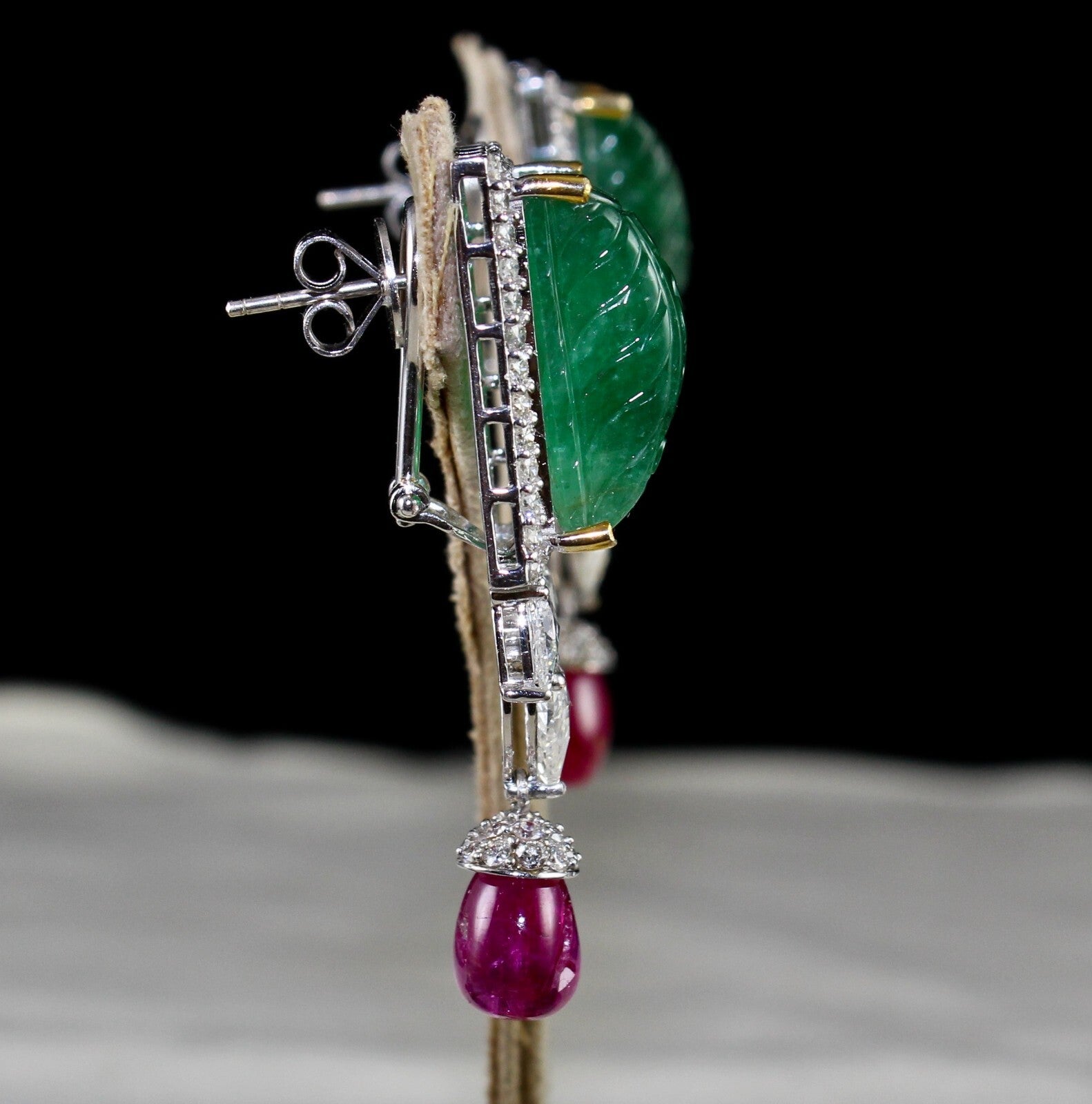 Certified 18k Gold Natural Zambia Emerald 119.2ct Ruby Diamond Earrings