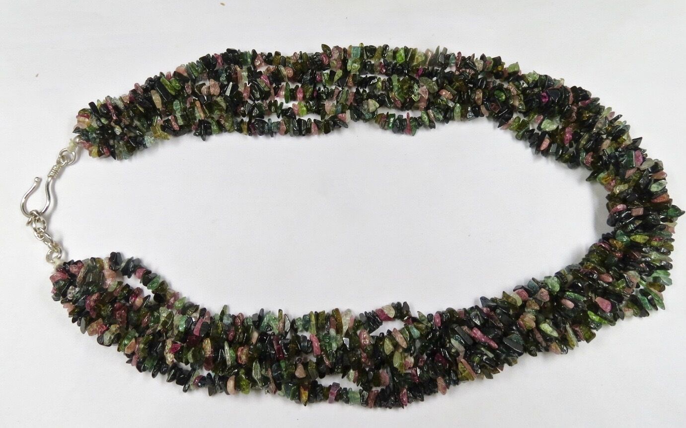 NATURAL MULTI TOURMALINE UNCUT BEADS 6 LINE 728 CTS GEMSTONE SILVER NECKLACE