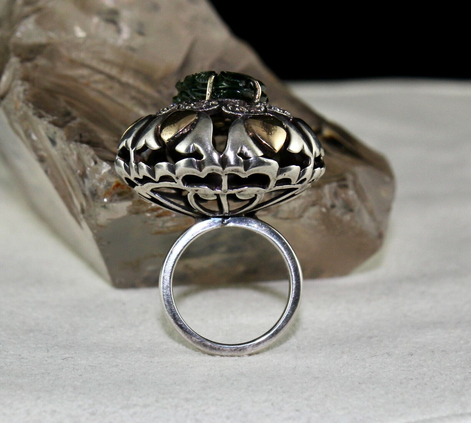 Antique Green Tourmaline Carved Diamond 18k Gold Silver Cocktail Victorian Ring