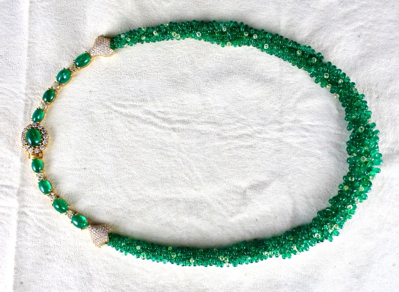 NATURAL ZAMBIAN EMERALD DIAMOND BRIOLETTE CABOCHON 18K GOLD IMPORTANT NECKLACE