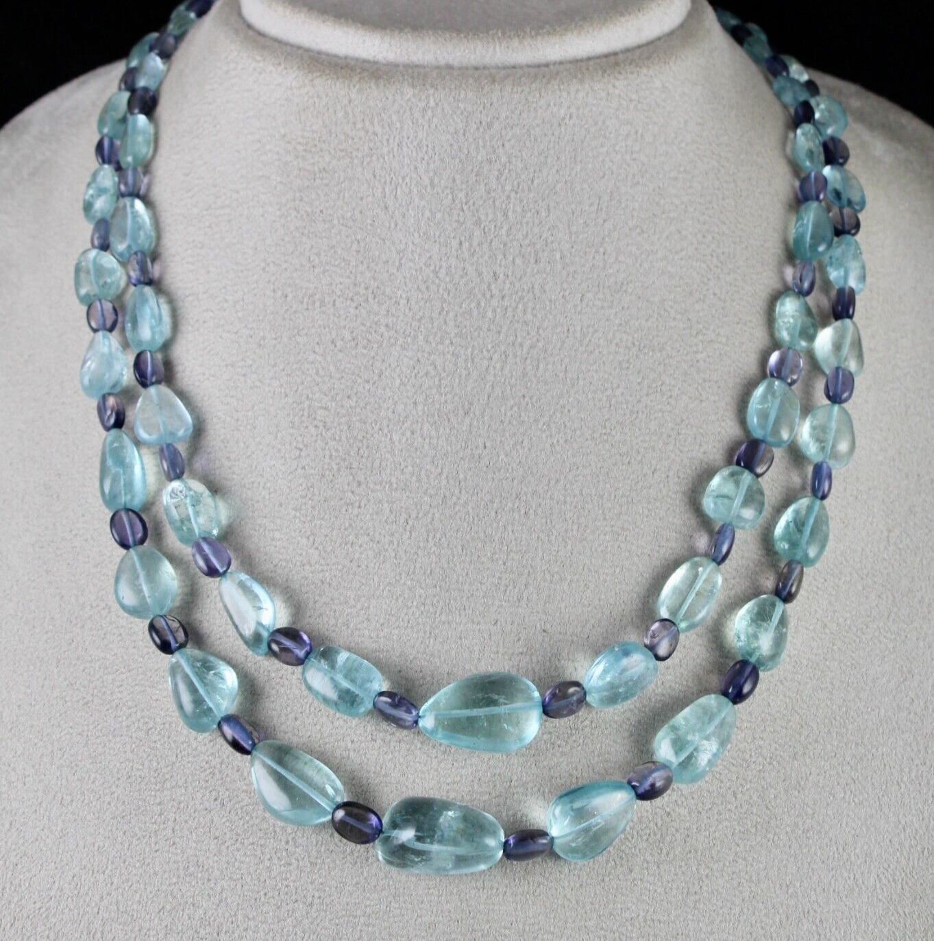 Certified Blue Natural Aquamarine Iolite Beads 2 L 334 Ct Gemstone Fine Necklace