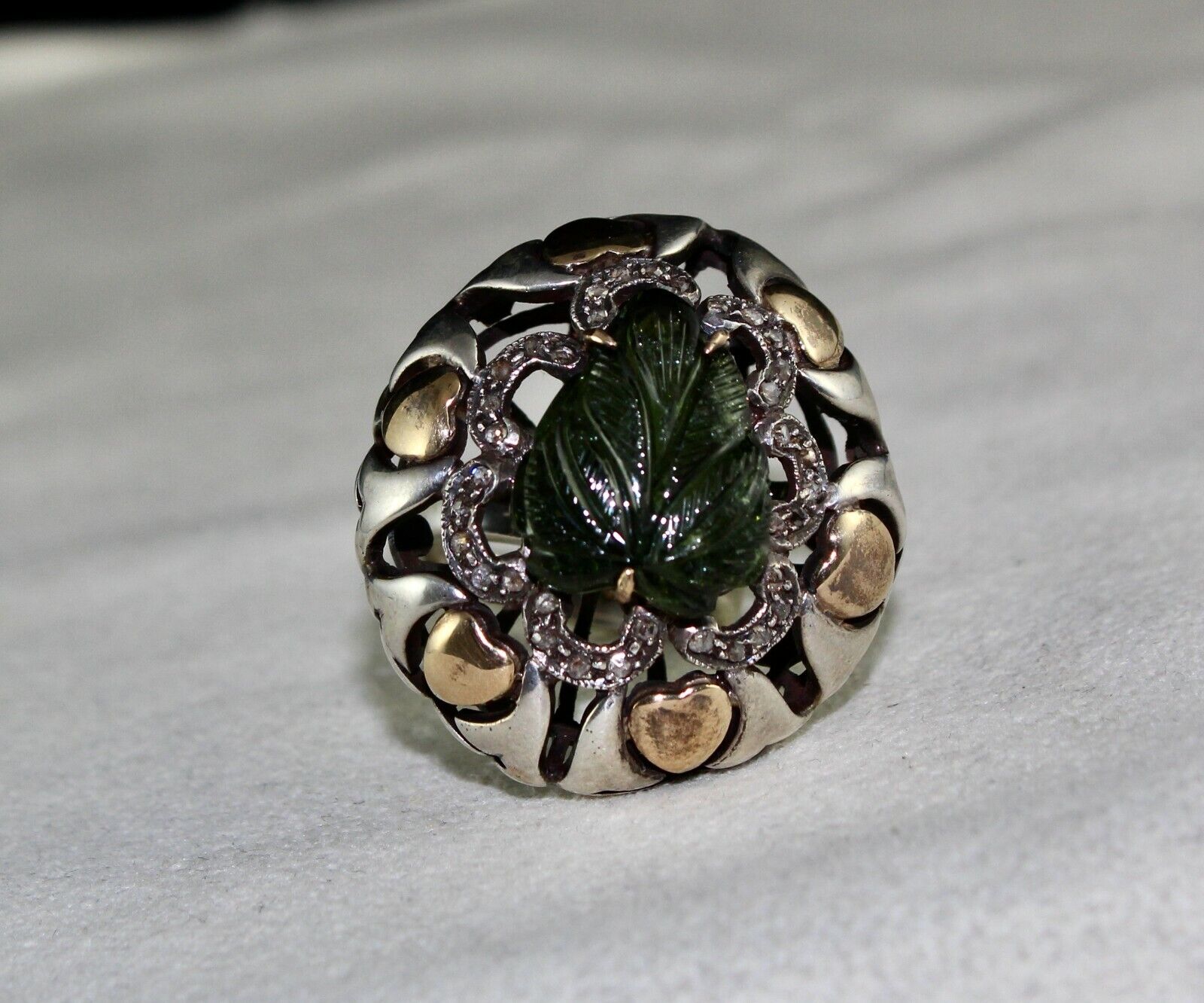 Antique Green Tourmaline Carved Diamond 18k Gold Silver Cocktail Victorian Ring