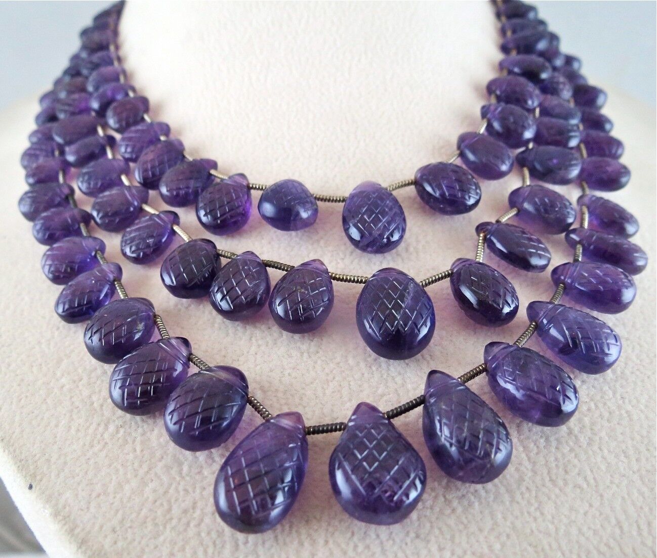 Natural Amethyst Carved Teardrop 3 L 403 Ct Purple Gemstone Vintage Necklace