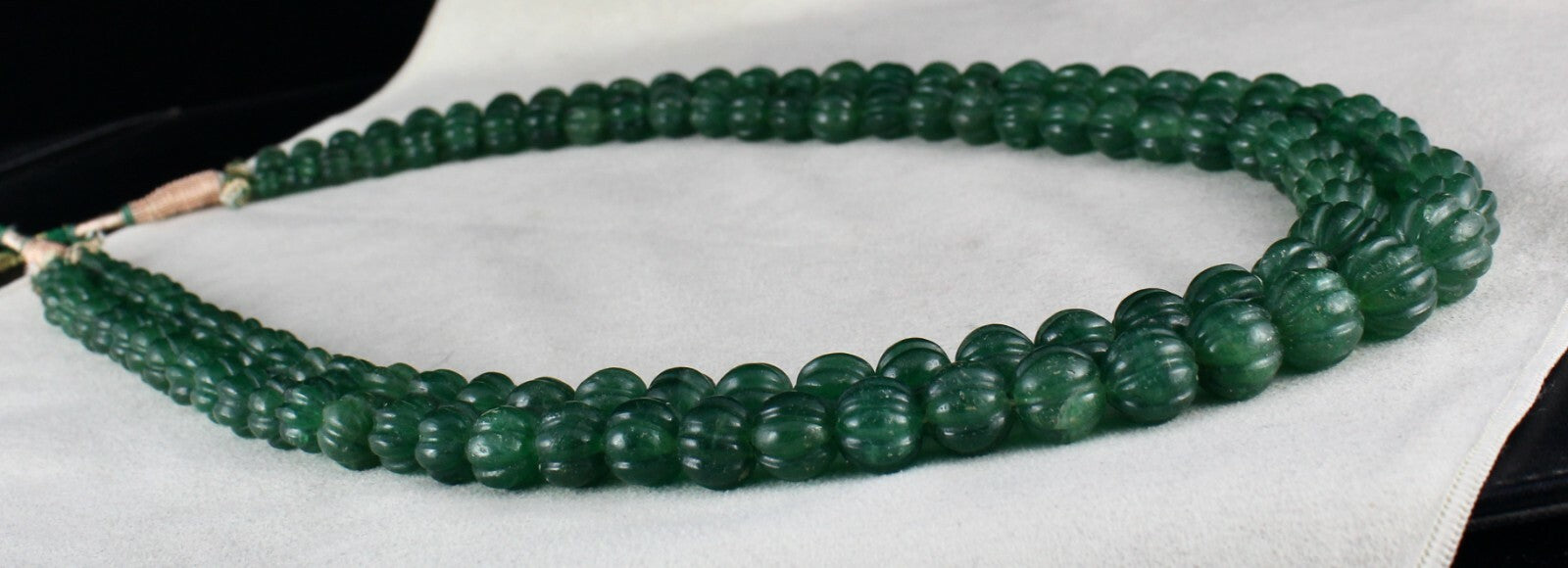 Natural Green Quartz 1034 Ct Melon Beaded Necklace, Carved Gemstone, 2 Line