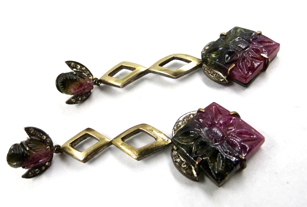 NATURAL MULTI TOURMALINE GEMSTONE DIAMOND 18K GOLD  925 SILVER VICTORIAN EARRING