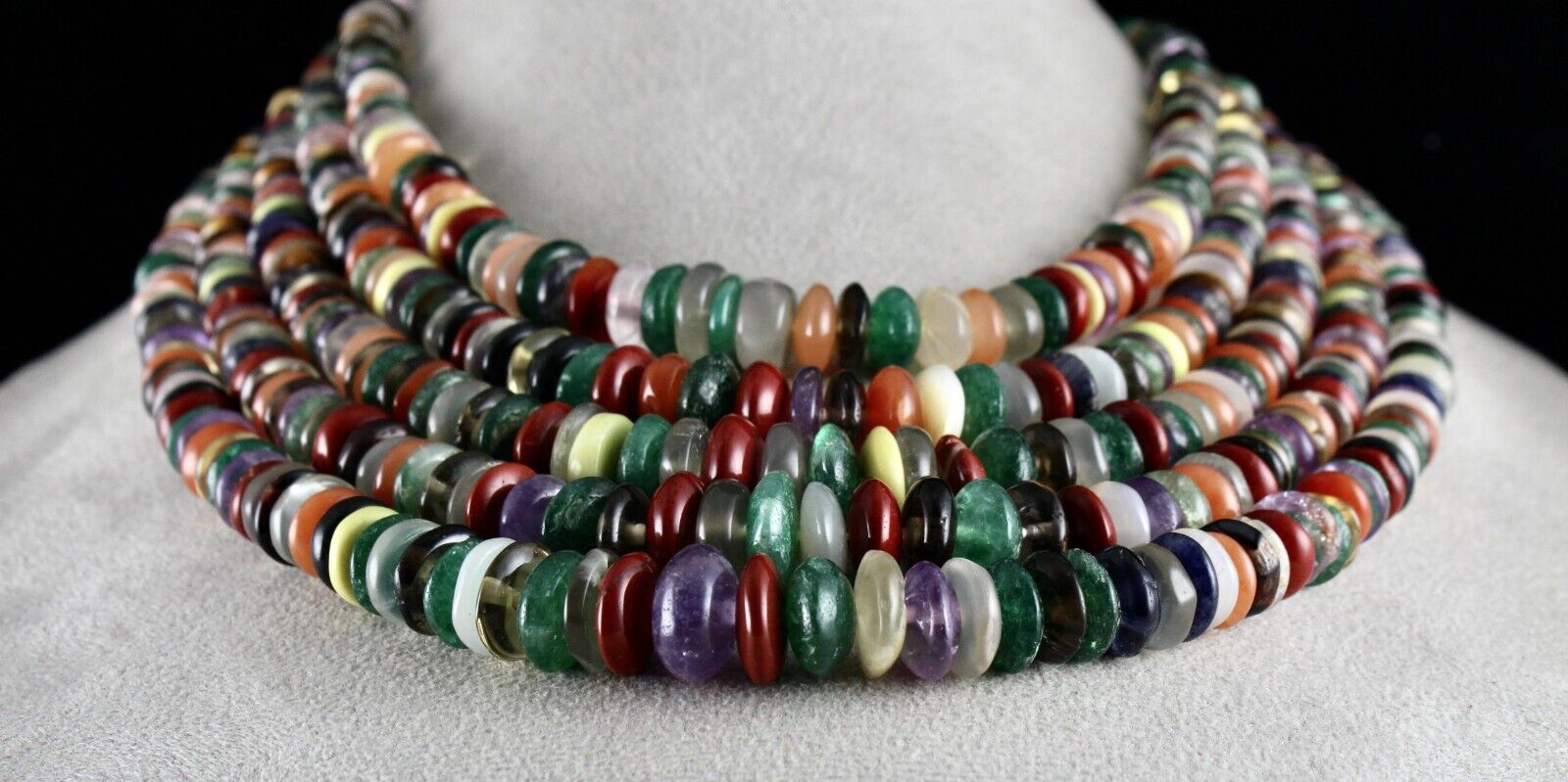 Vintage Multi Semi Precious Beads Button 5 L 1576 Ct Gemstone Fashion Necklace