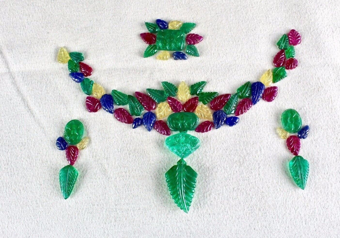 Multi Emerald Ruby Sapphire Carved Leaves Loose Gemstone Necklace Designing Set