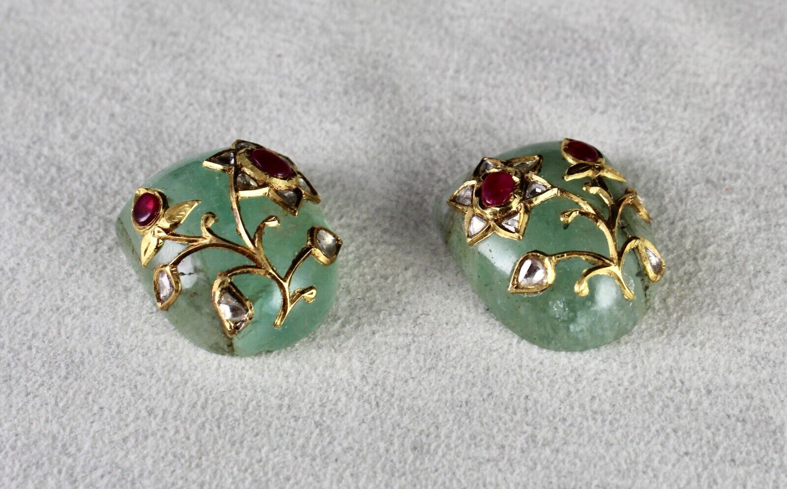 Old Natural Emerald Cabochon Gemstone Ruby Diamond 22k Gold Earring Design Stud