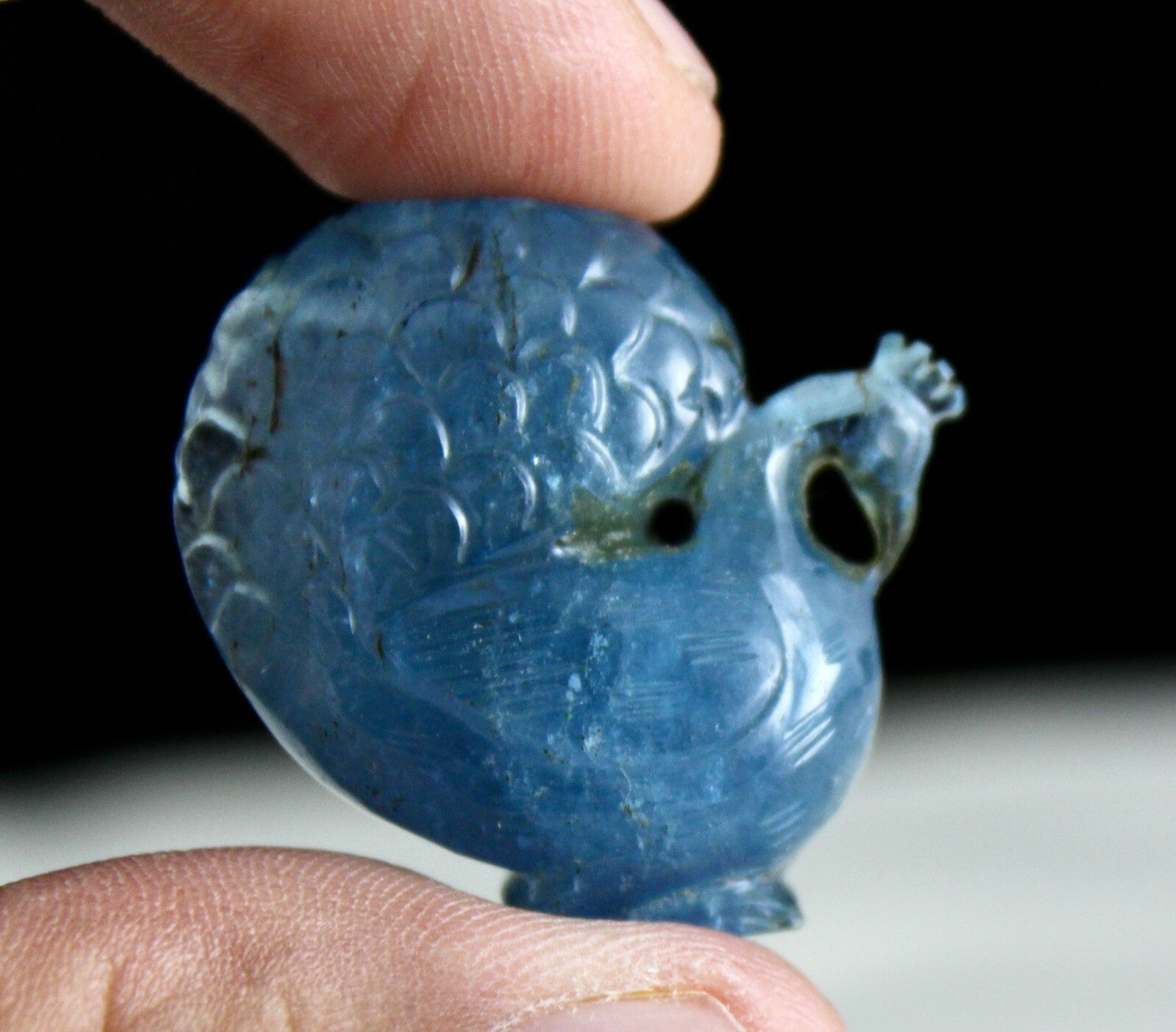 Certified Antique Blue Aquamarine 74.66 Ct Carved Peacock Rare Gem Pendant