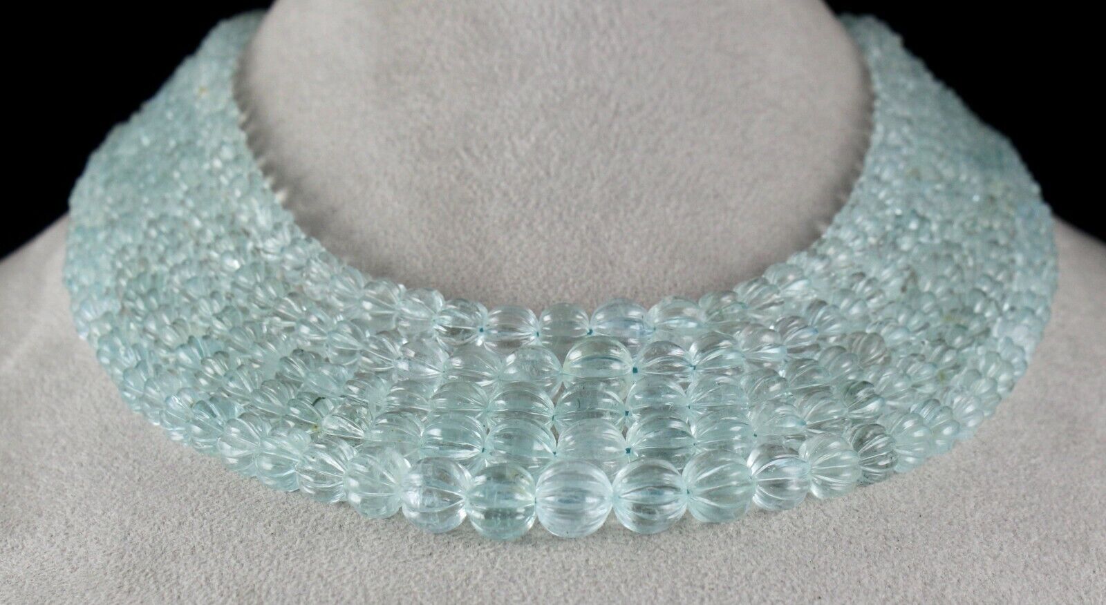 NATURAL AQUAMARINE BEADS CARVED 5 LINE 873 CARATS LADIES GEMSTONE MELON NECKLACE