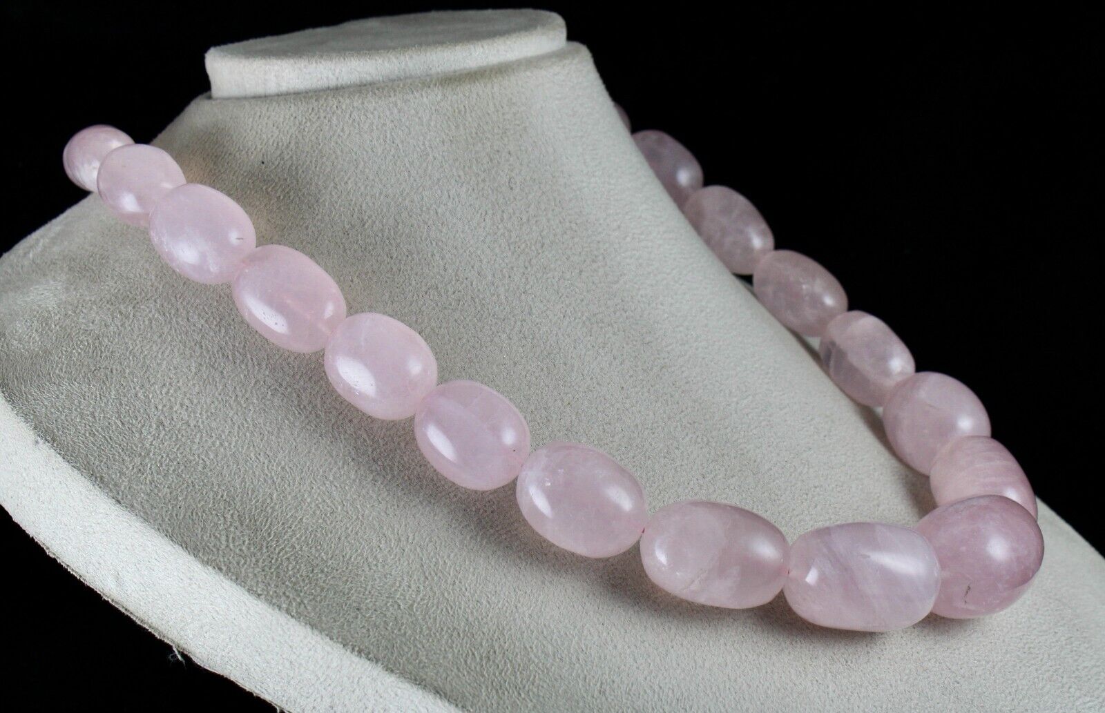 34MM NATURAL ROSE QUARTZ BEADS LONG CABOCHON 1642 CTS GEMSTONE SILVER NECKLACE