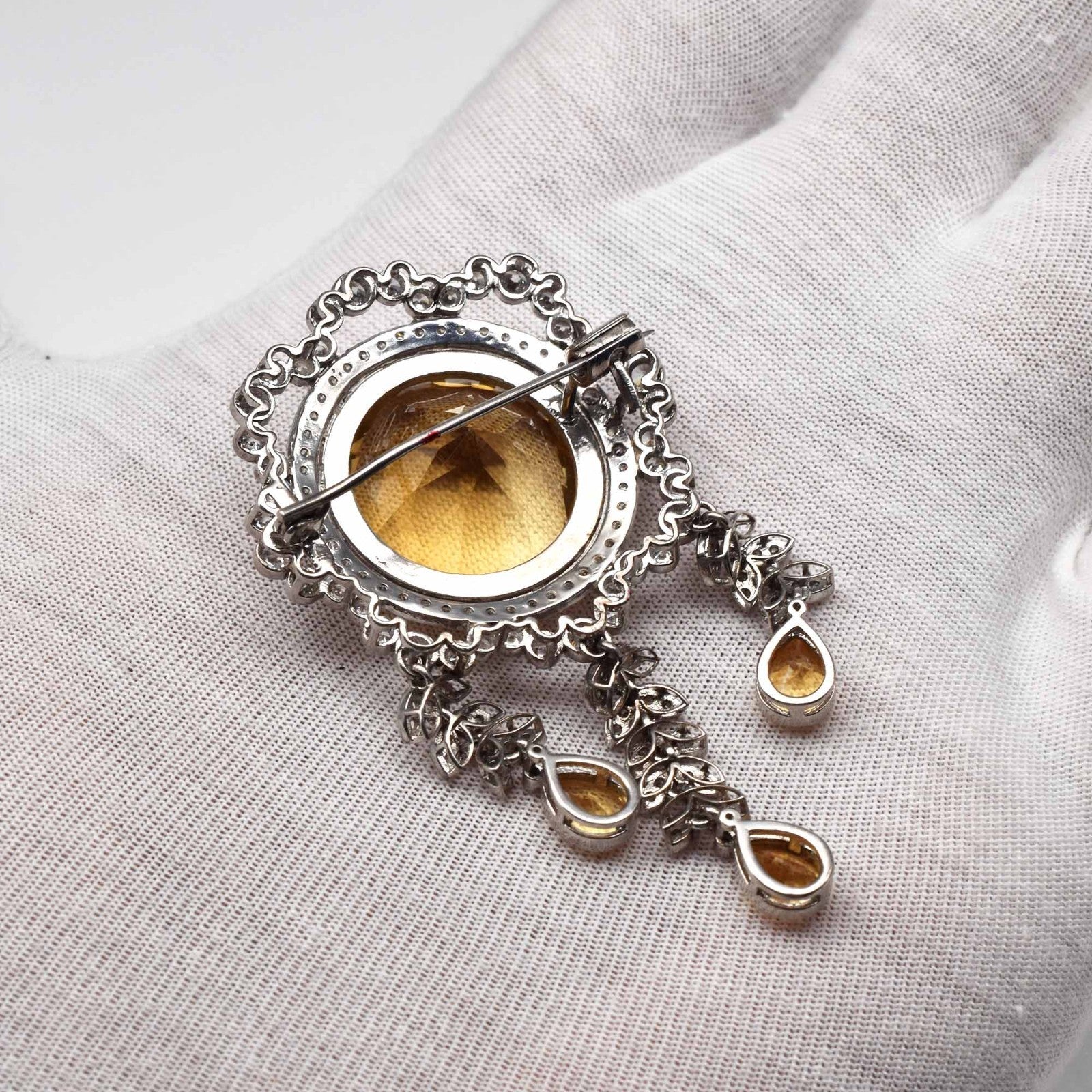Natural Yellow Citrine Round Cubic Zirconia Stone Silver Brooch Pendant Unisex