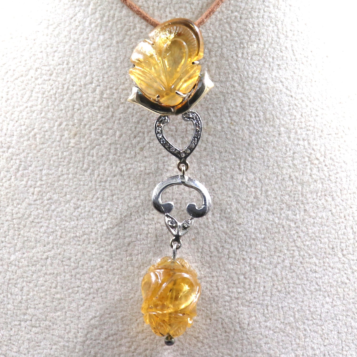 Natural Citrine 50ct Carved Diamond 18k Gold Victorian Sterling Silver Pendant