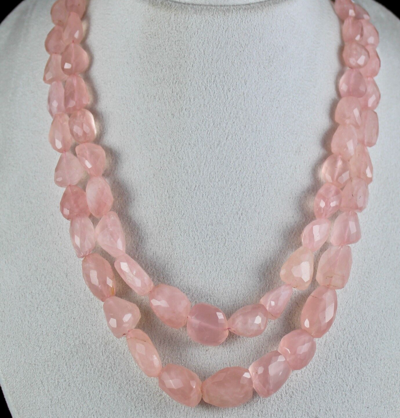 NATURAL ROSE QUARTZ TUMBLE CABOCHON 2 LINE 889 CTS BEADS GEMSTONE NECKLACE