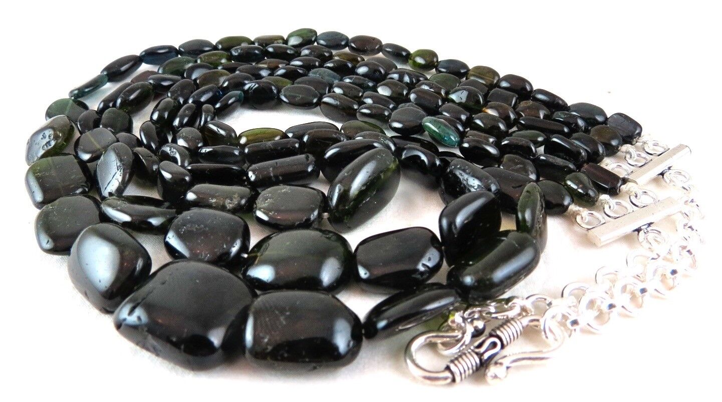 Natural Black Tourmaline Beads Cabochon 3 L 700 Ct Big Gemstone Silver Necklace