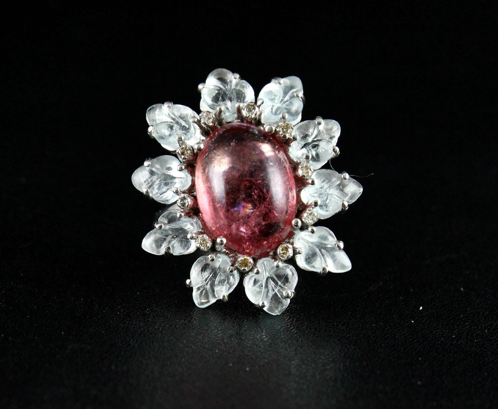 Antique Pink Tourmaline 10ct Aquamarine Carved Sterling Silver Victorian Ring