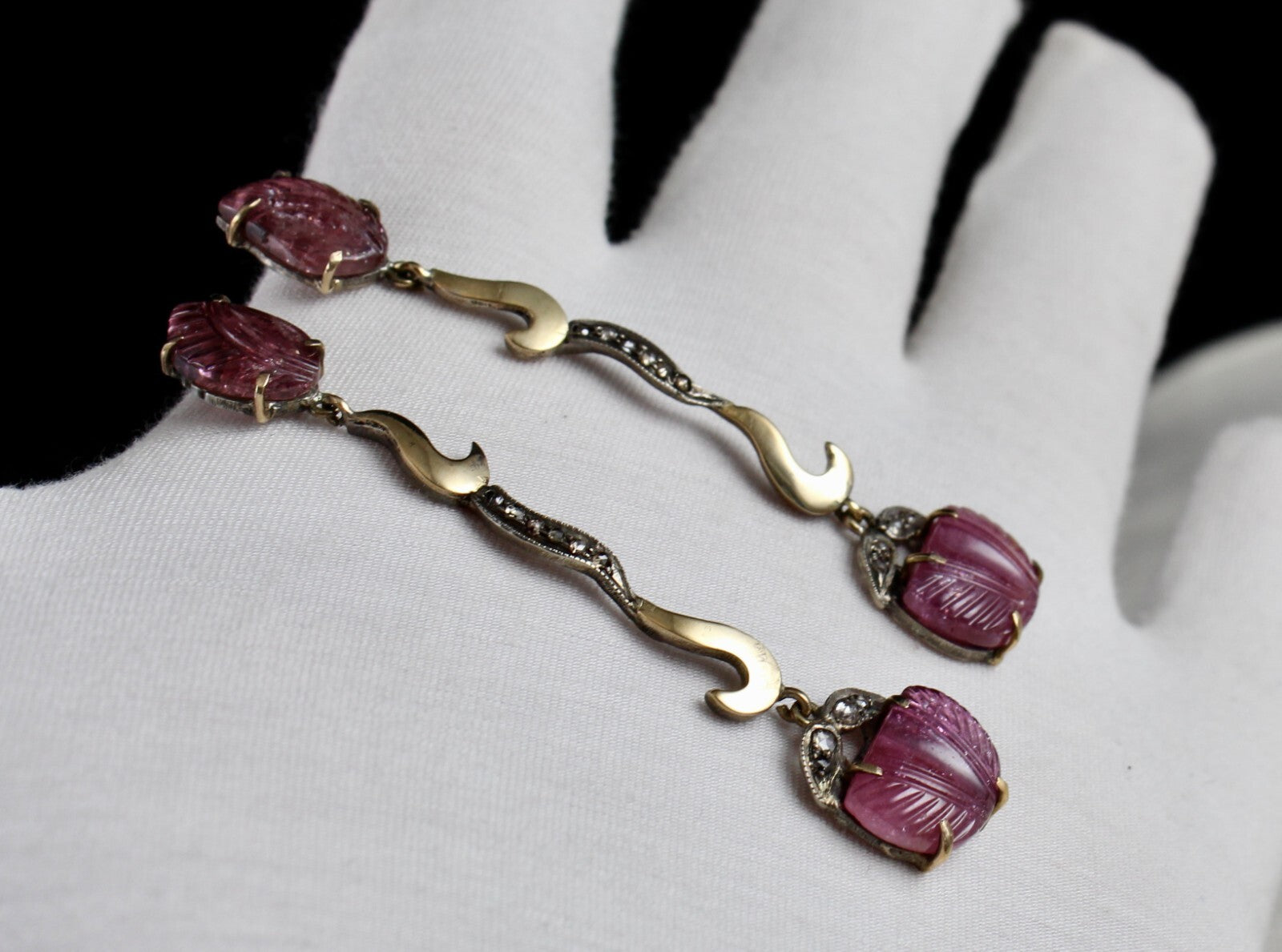 Vintage 10.00ct Natural Pink Tourmaline Carved Diamond 18k Gold Earrings