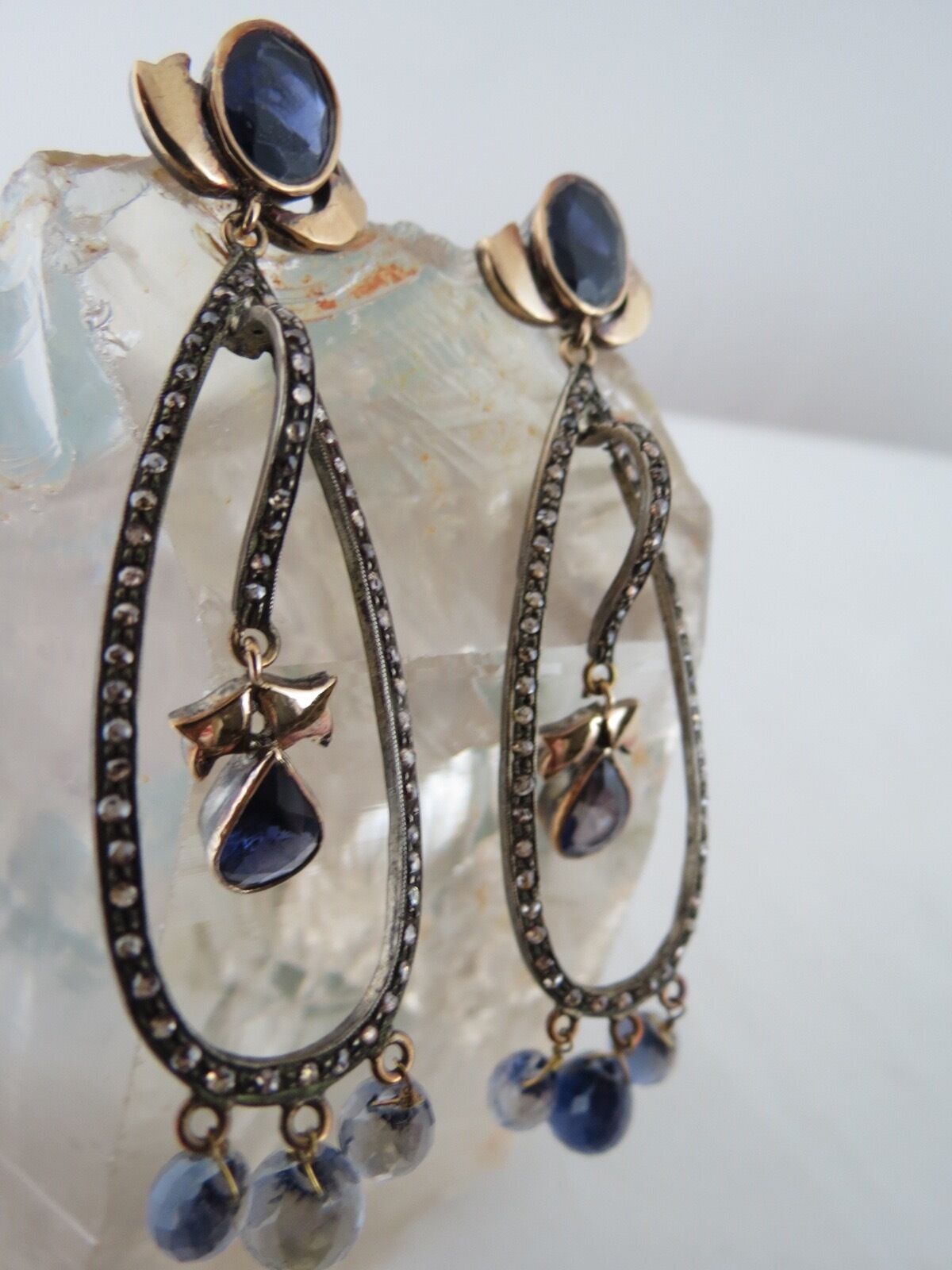 ANTIQUE NATURAL BLUE IOLITE CUT DIAMOND 18K GOLD & 925 SILVER VICTORIAN EARRING