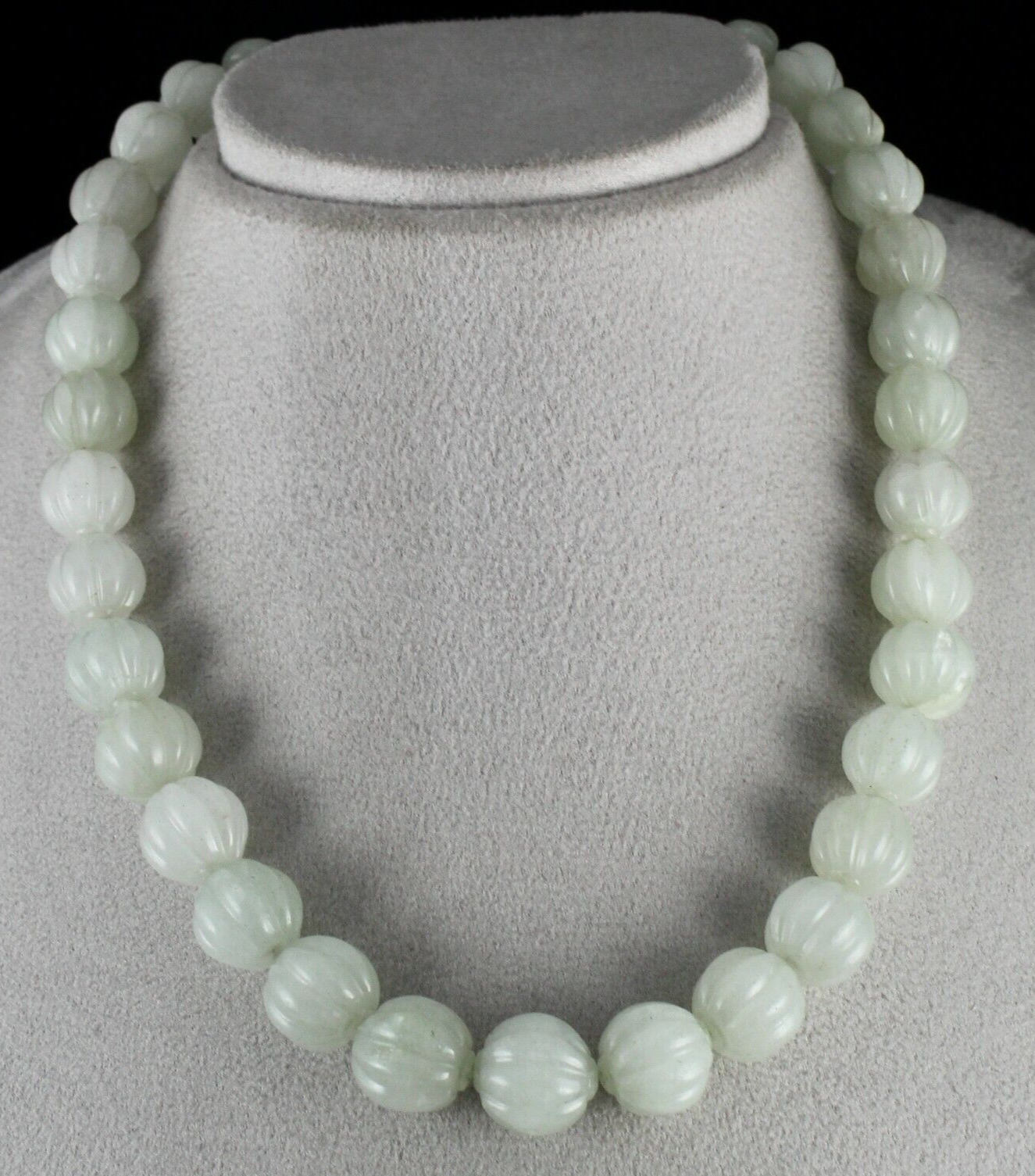 Natural Aventurine Jade 568 Ct Carved Melon Gem Beads Sterling Silver Necklace