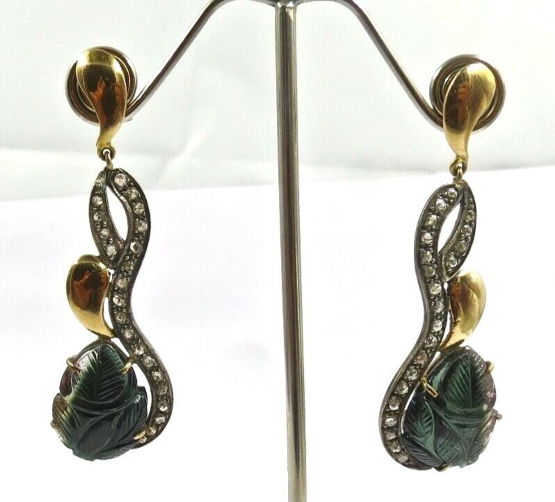 MULTI COLOR TOURMALINE CARVED LEAVES 18K GOLD DIAMOND SILVER VICTORIAN EARRING