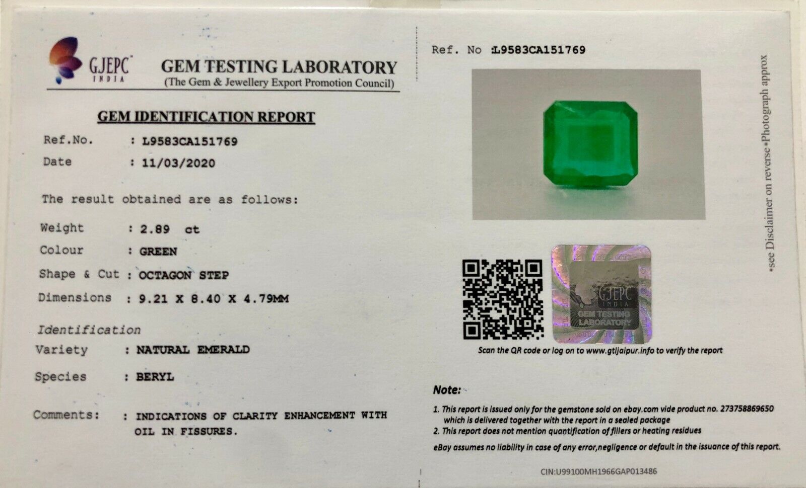 GTL CERTIFIED NATURAL EMERALD OCTAGON CUT 9X8 MM 2.89 CTS FINE GEMSTONE FOR RING