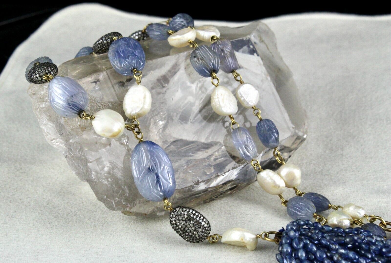 NATURAL BLUE SAPPHIRE BEADS CARVED PEARL STONE DIAMOND 14KGOLD FASHION NECKLACE