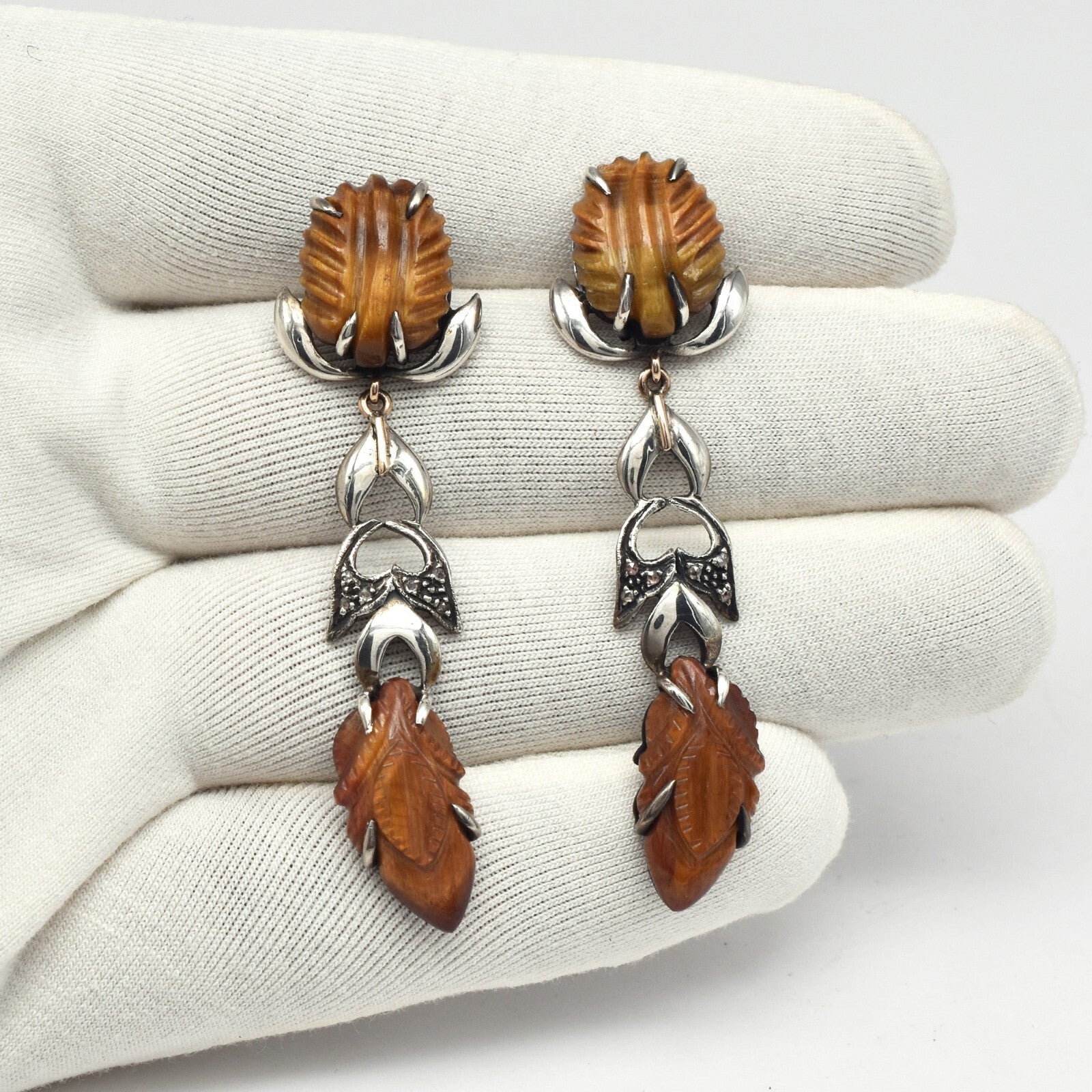 Estate 18k Gold Silver Natural Tiger Eye Diamond 10ct Victorian Dangle Earrings