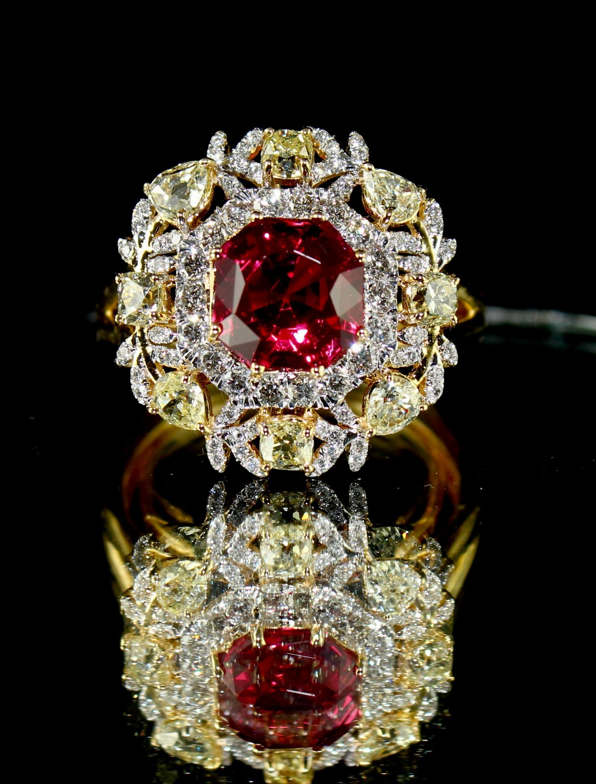 Certified Natural Red Spinel Ring Cut Diamond 18K Gold Statement Finest Jewelry
