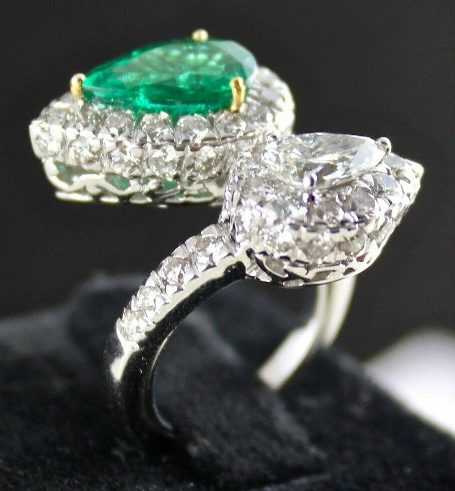 Certified 2.80 Ct Natural Emerald Pear 1.04 Ct Diamond 18k Gold Ring