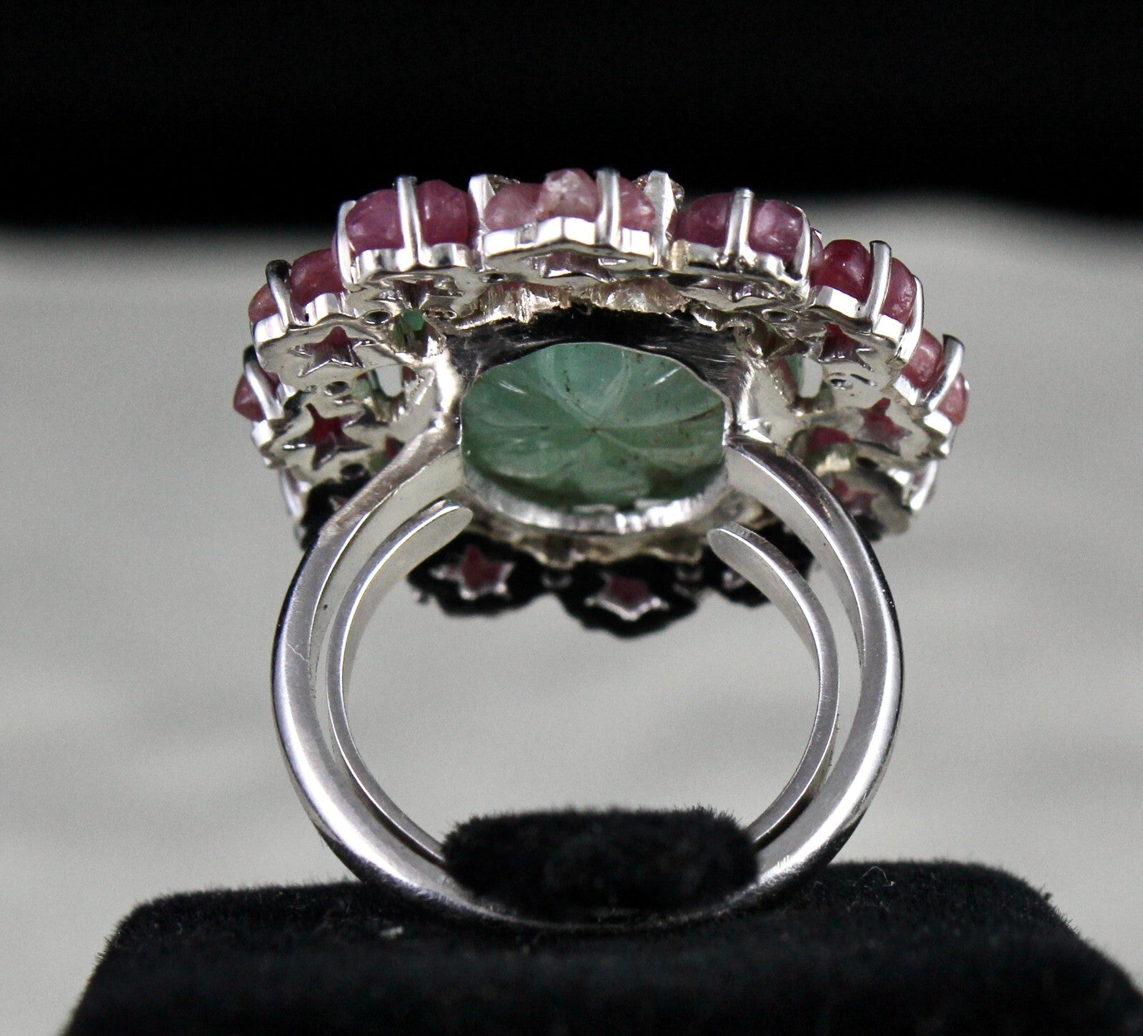 Certified Antique Emerald Ruby Carved 10ct Natural Diamond Sterling Silver Ring