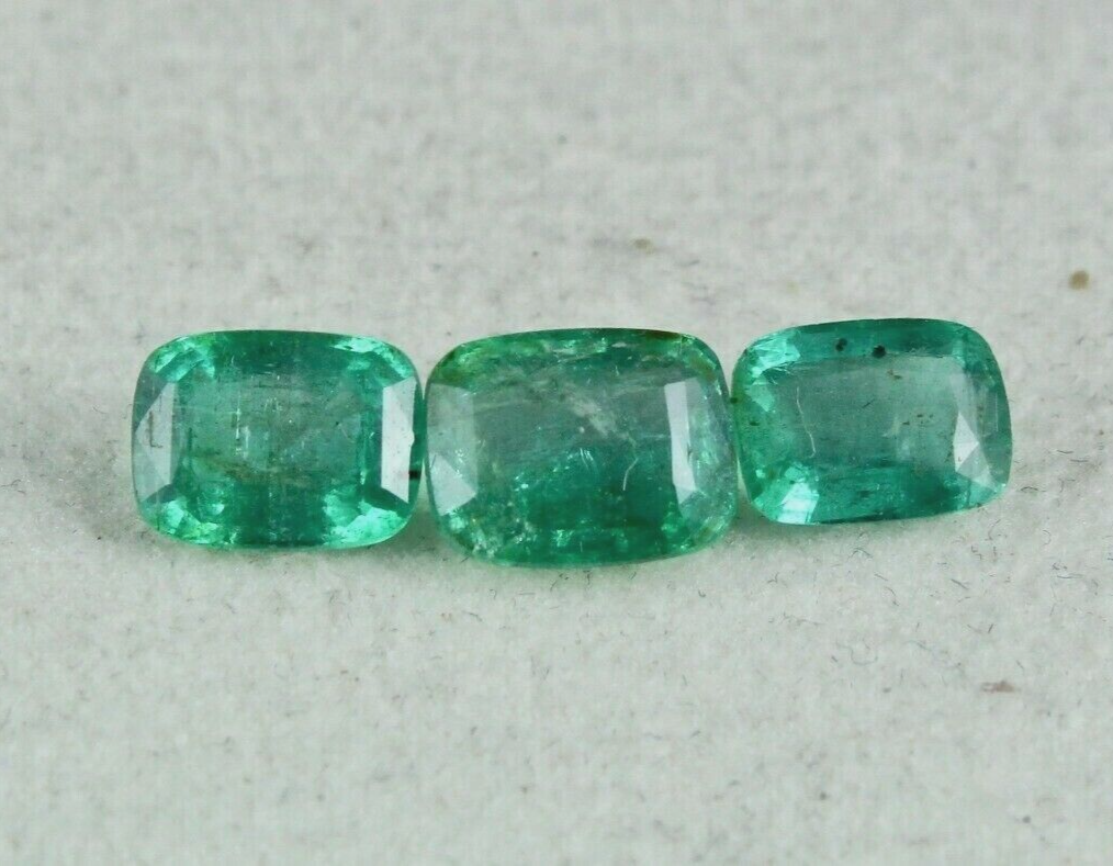 NATURAL ZAMBIAN EMERALD CUSHION CUT GEMSTONE 3 PIECES 4.17 CARATS FOR DESIGNING