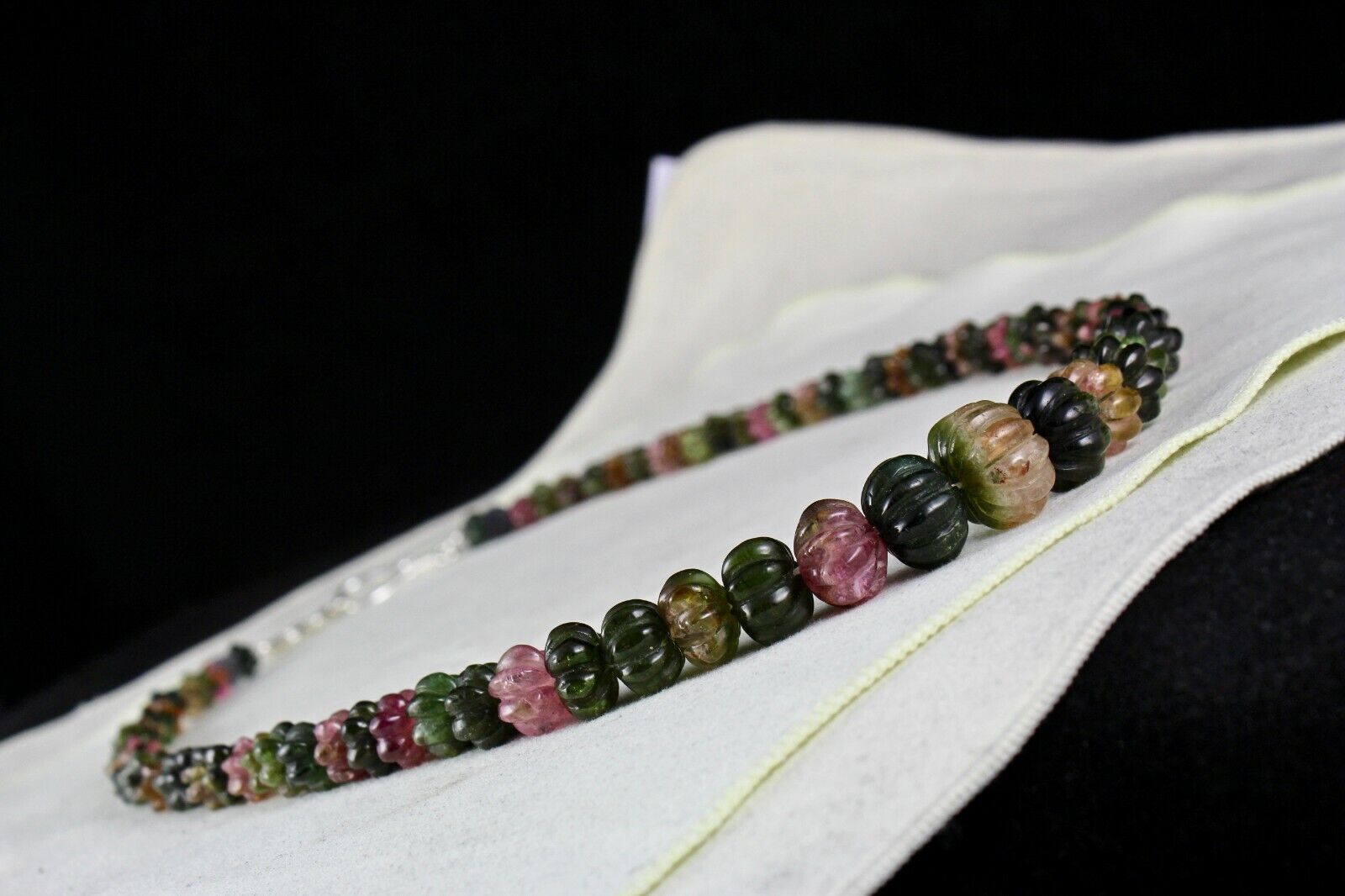 NATURAL MULTI TOURMALINE BEADS MELON CARVED 353 CARATS GEMSTONE SILVER NECKLACE