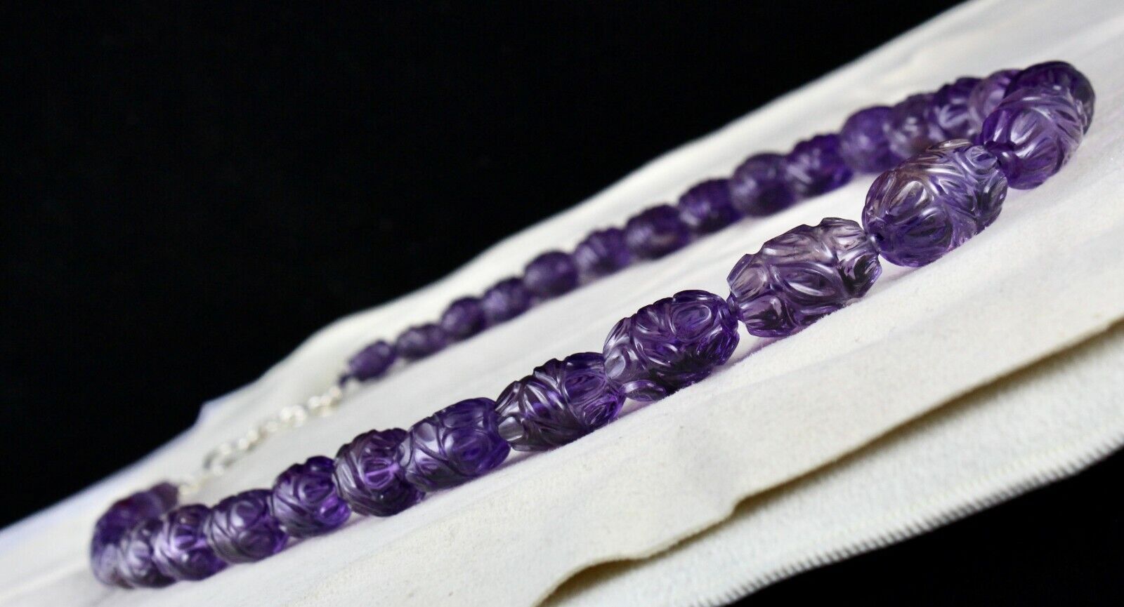 Top Natural Amethyst Beads Carved Long 488 Ct Gemstone Silver Vintage Necklace