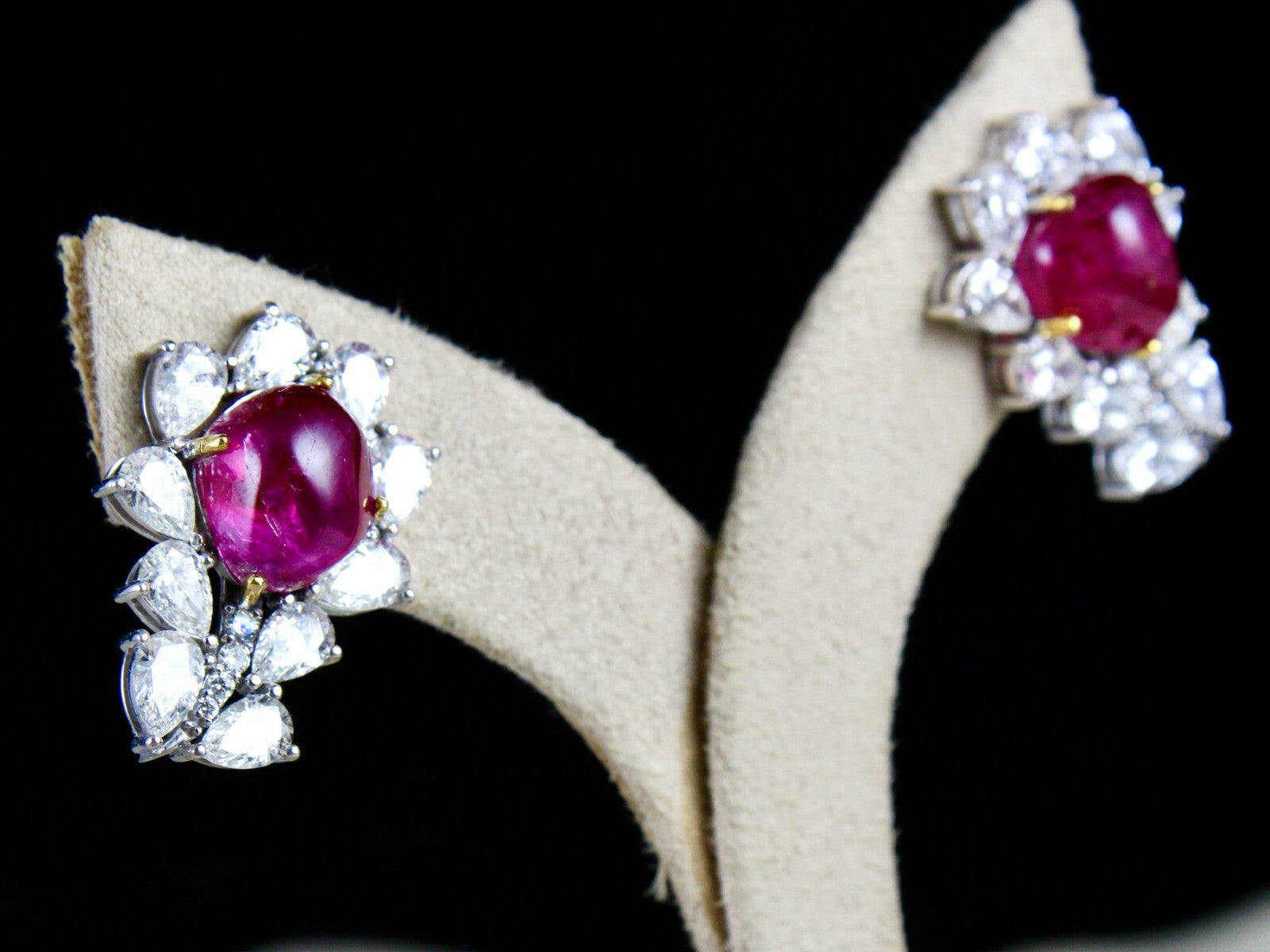 Certified 18k Gold Natural Diamond Burma Ruby Cabochon Stud Earrings 33.9ct