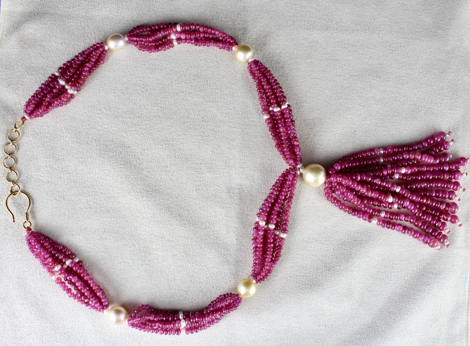 NATURAL CERTIFIED BURMESE RUBY ROUND GEMSTONE PEARL BEADS 617 CTS GOLD NECKLACE