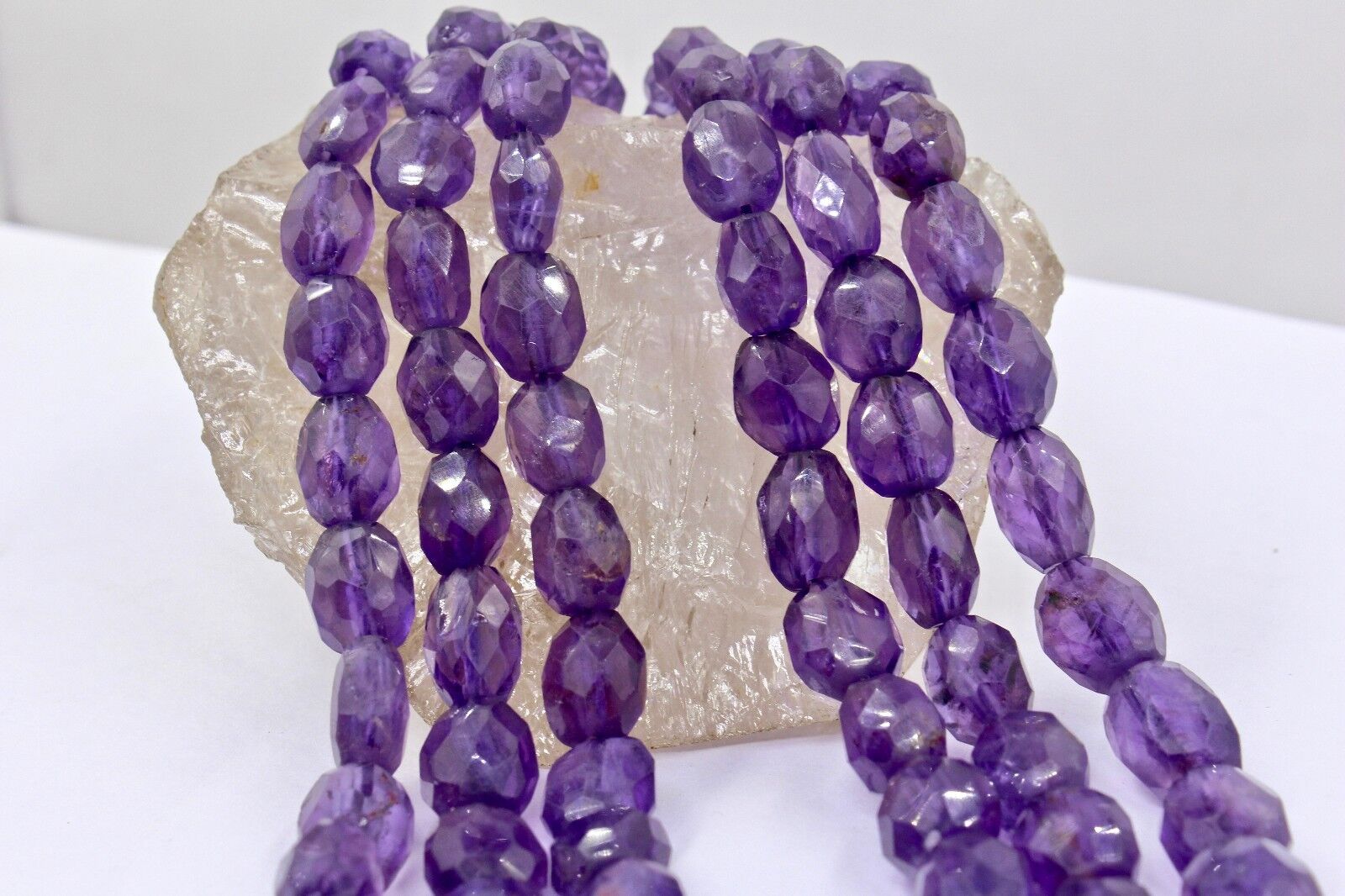 NATURAL AMETHYST BEADS FACETED OVAL CABOCHON 3 LINE 712 CTS GEMSTONE NECKLACE