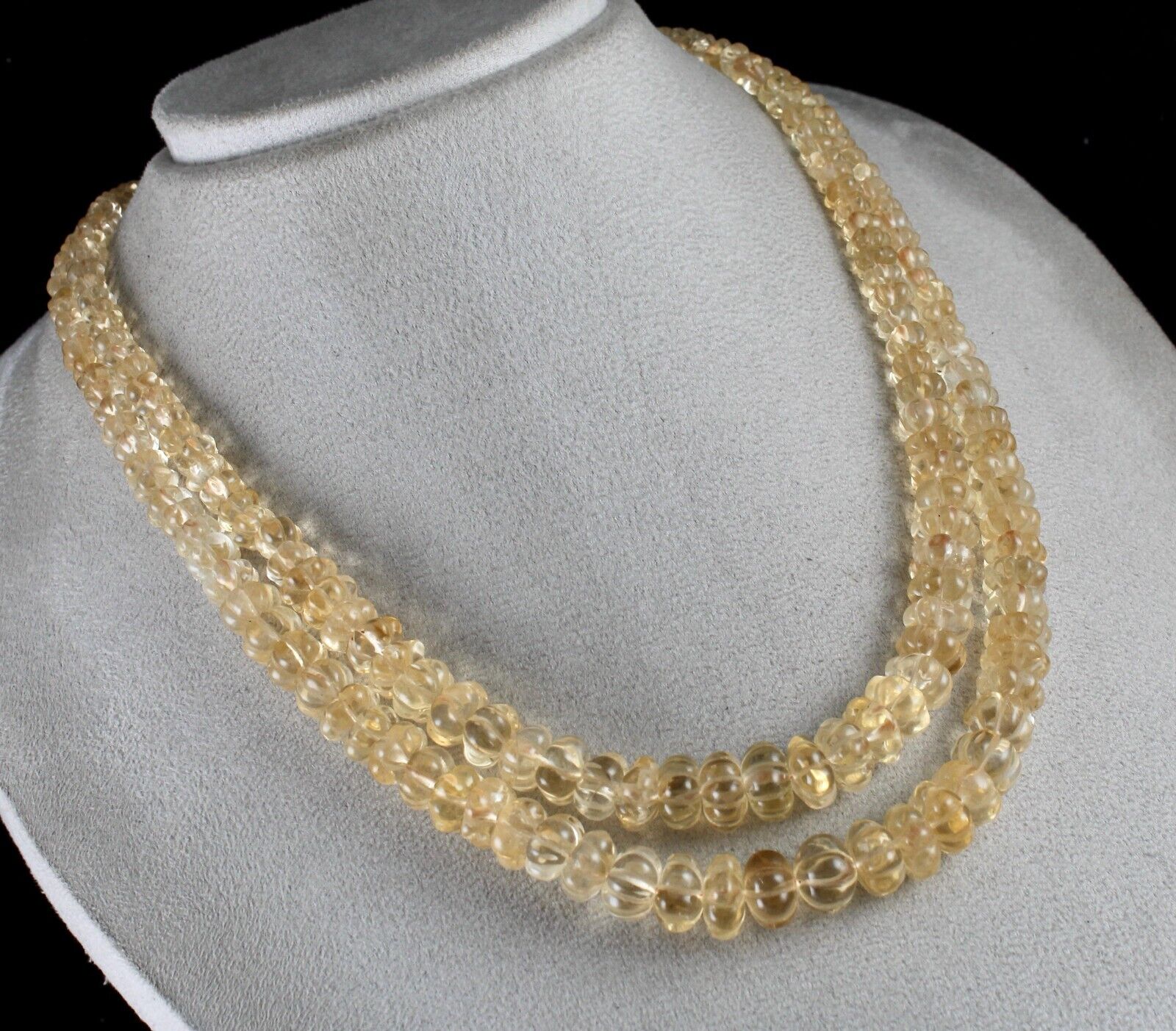 Natural Yellow Citrine Beads Carved Round 2 L 558 Ct Gemstone Vintage Necklace