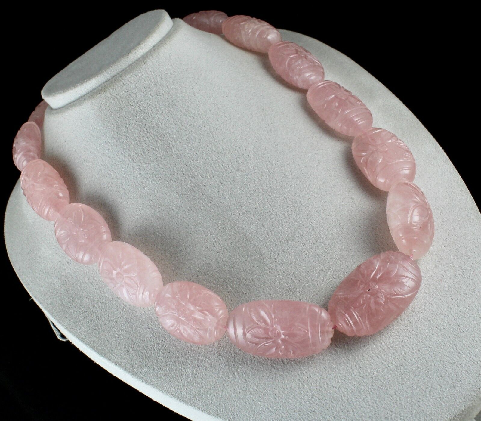 RARE BIG NATURAL ROSE QUARTZ CARVED BEADS 2027 CARATS GEMSTONE SILVER NECKLACE