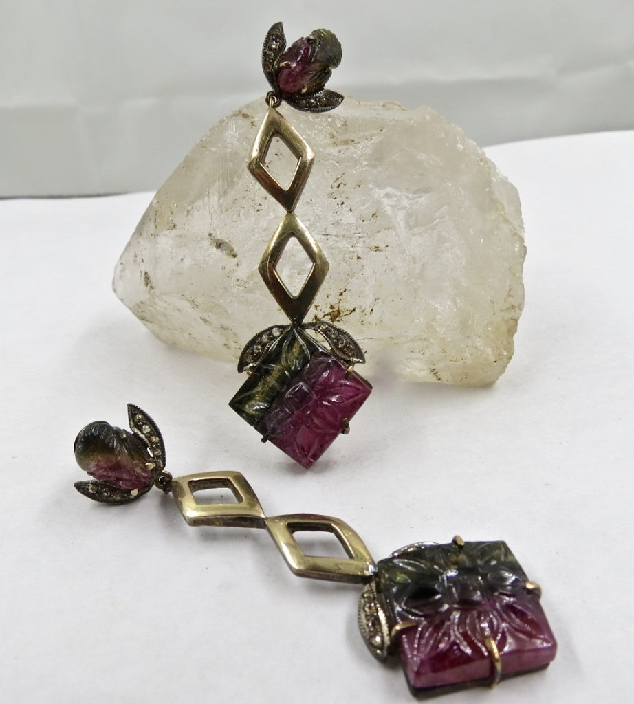 Natural Multi Tourmaline 79.63ct Natural Diamond 18k Sterling Silver Earrings